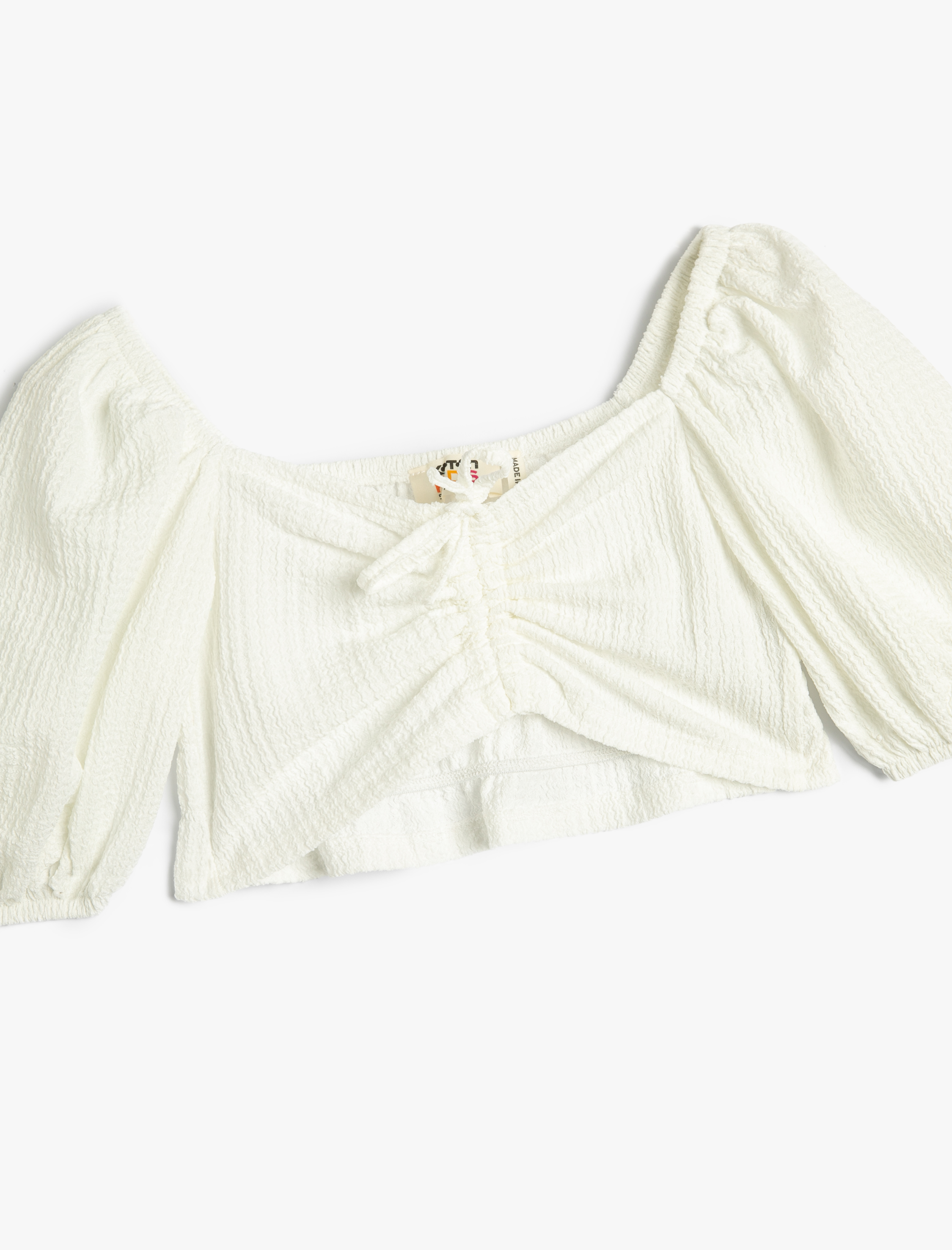  Kız Çocuk Crop Tişört Önü Büzgülü Kısa Balon Kollu Dokulu