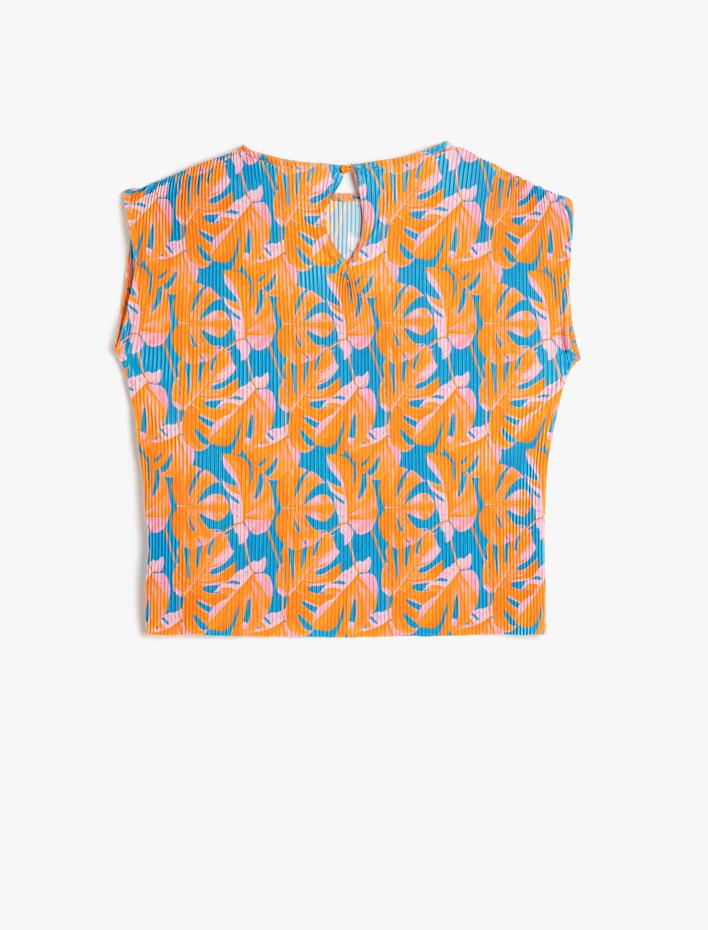 Kız Çocuk Pilili Tişört Floral Desenli Kısa Kollu Bisiklet Yaka