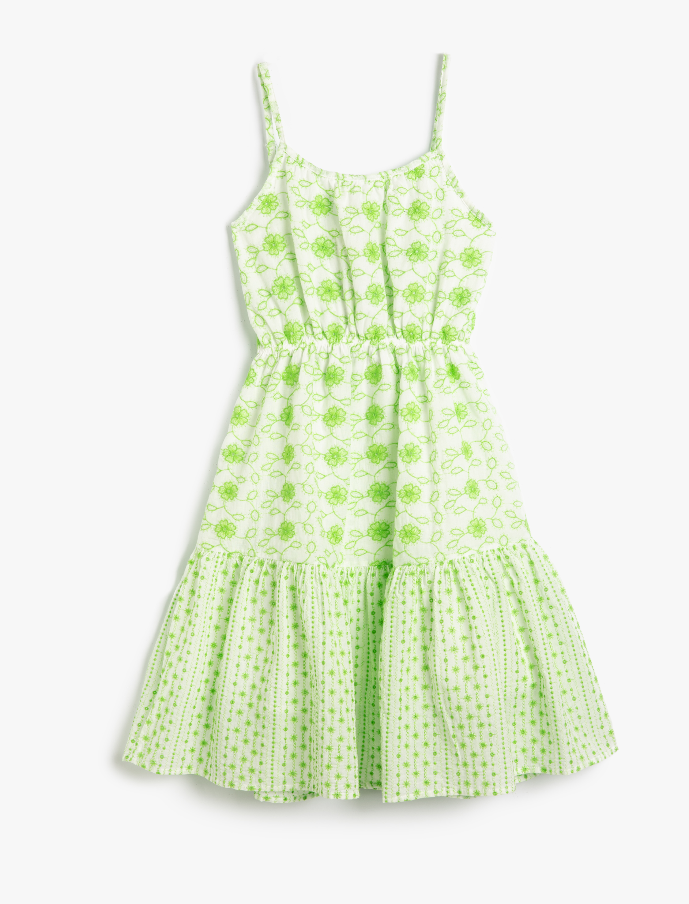  Kız Çocuk Elbise Çiçekli İnce Askılı Astarlı Fırfırlı Beli Büzgülü