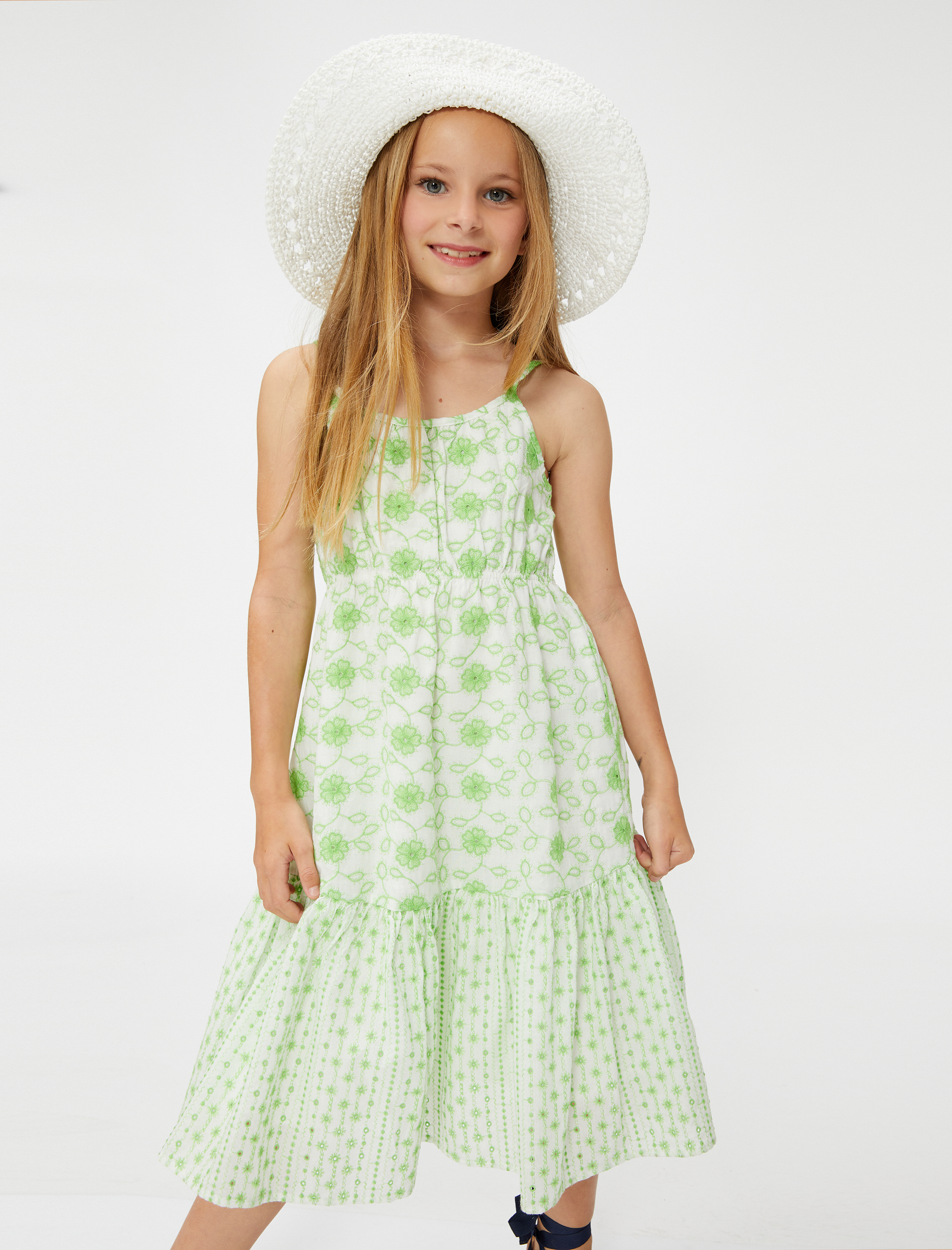  Kız Çocuk Elbise Çiçekli İnce Askılı Astarlı Fırfırlı Beli Büzgülü