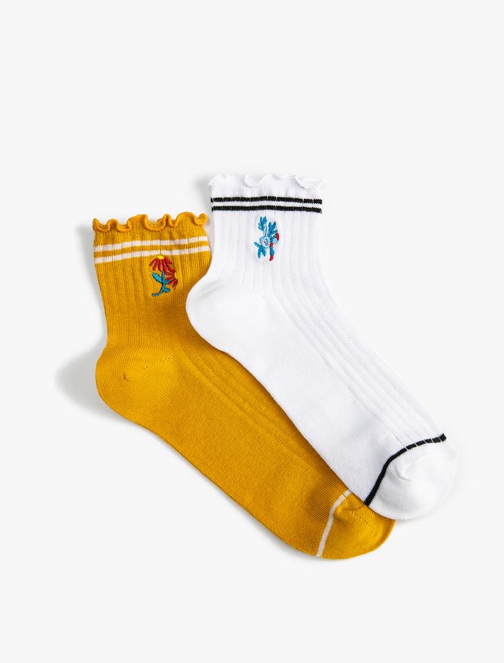 Kadın 2'li Çorap Seti Çiçek İşlemeli Fırfır Detaylı