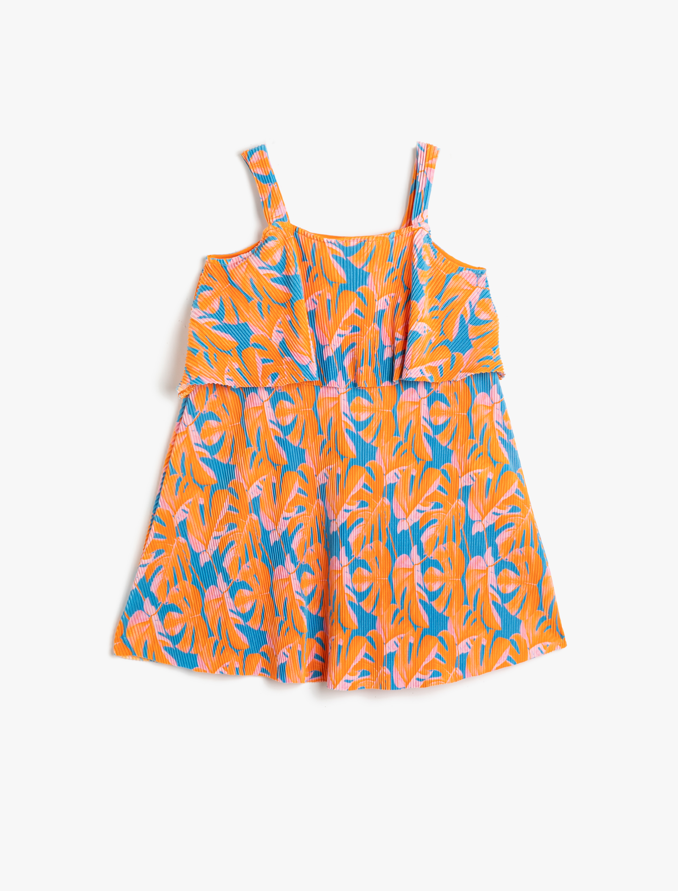  Kız Çocuk Elbise Askılı Dökümlü Floral Desenli Pilili