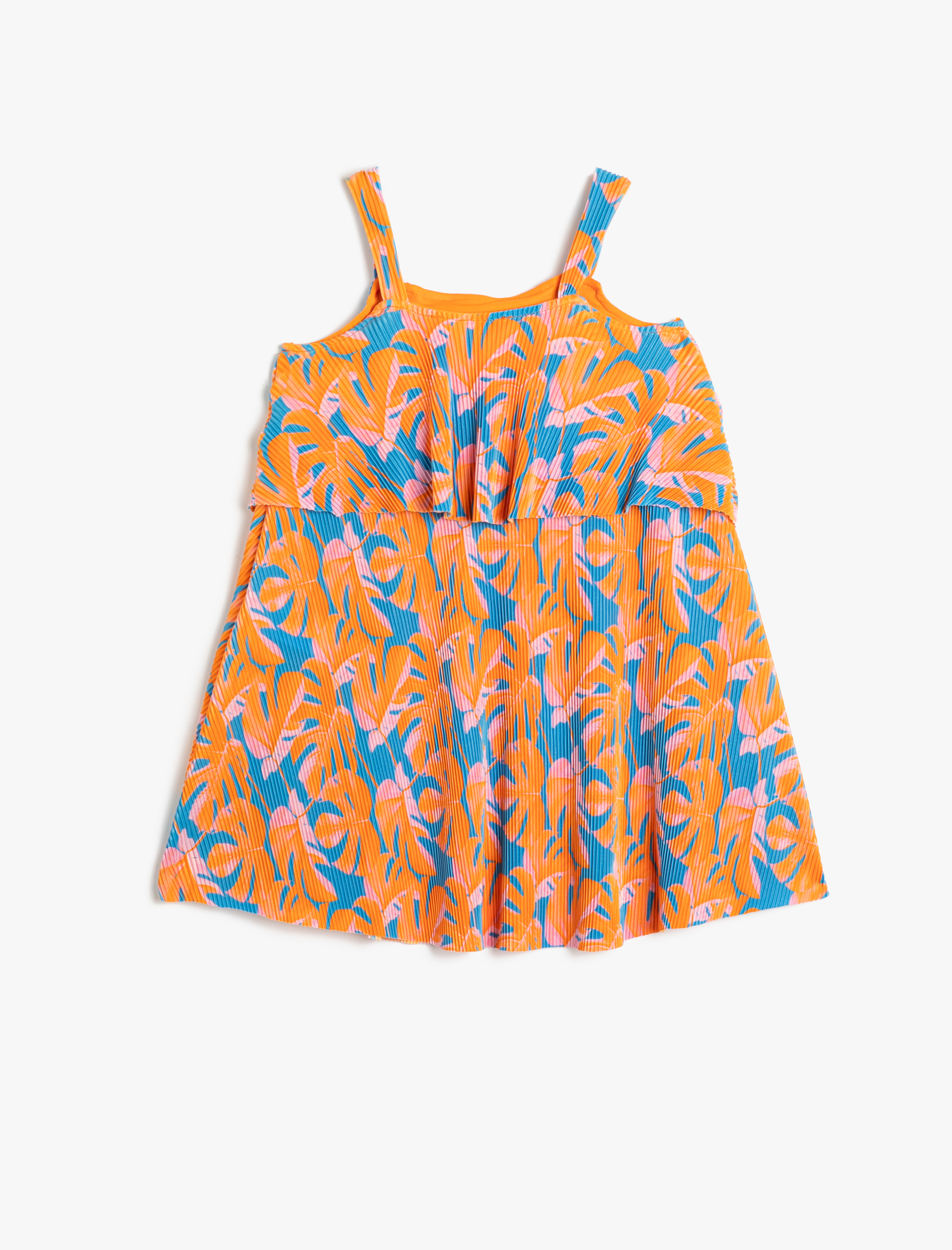  Kız Çocuk Elbise Askılı Dökümlü Floral Desenli Pilili