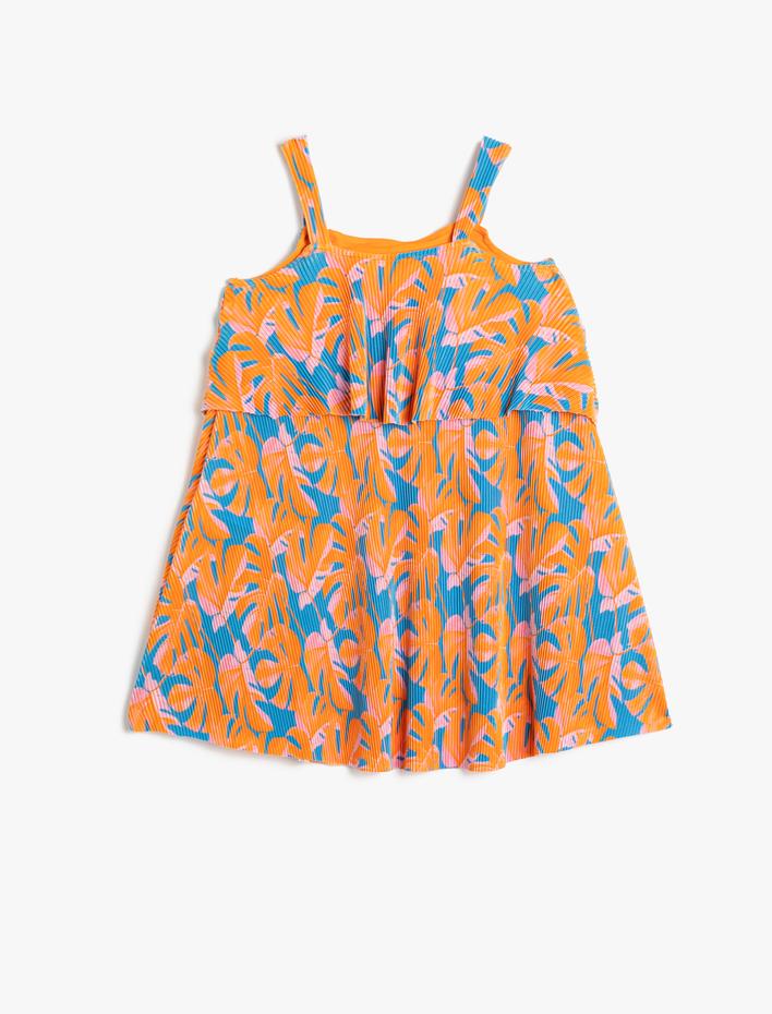 Kız Çocuk Elbise Askılı Dökümlü Floral Desenli Pilili