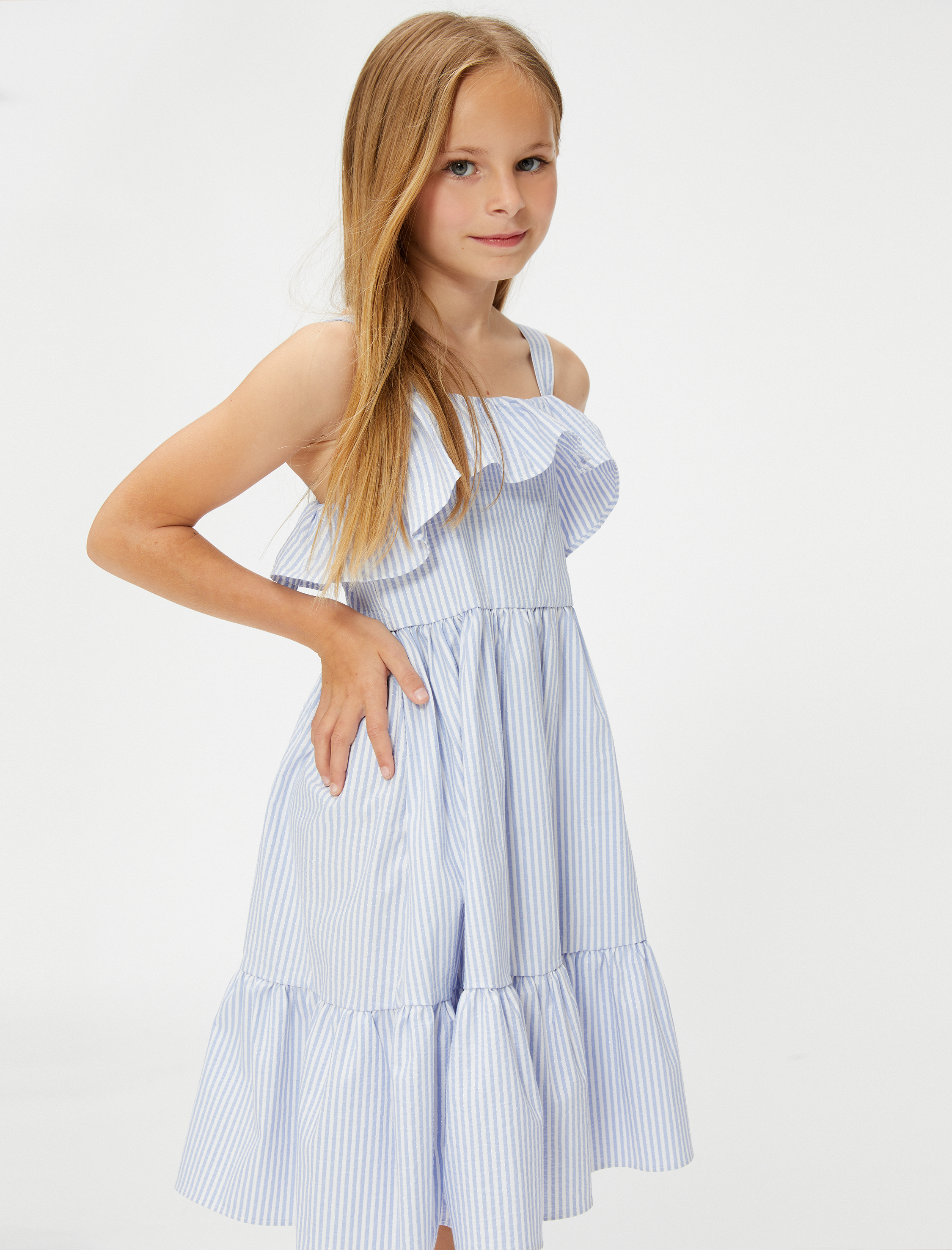  Kız Çocuk Elbise Askılı Fırfırlı Astarlı Pamuk Karışımlı