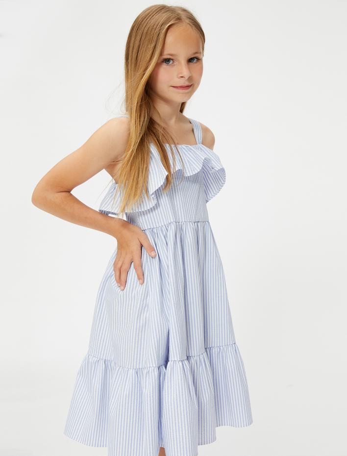 Kız Çocuk Elbise Askılı Fırfırlı Astarlı Pamuk Karışımlı