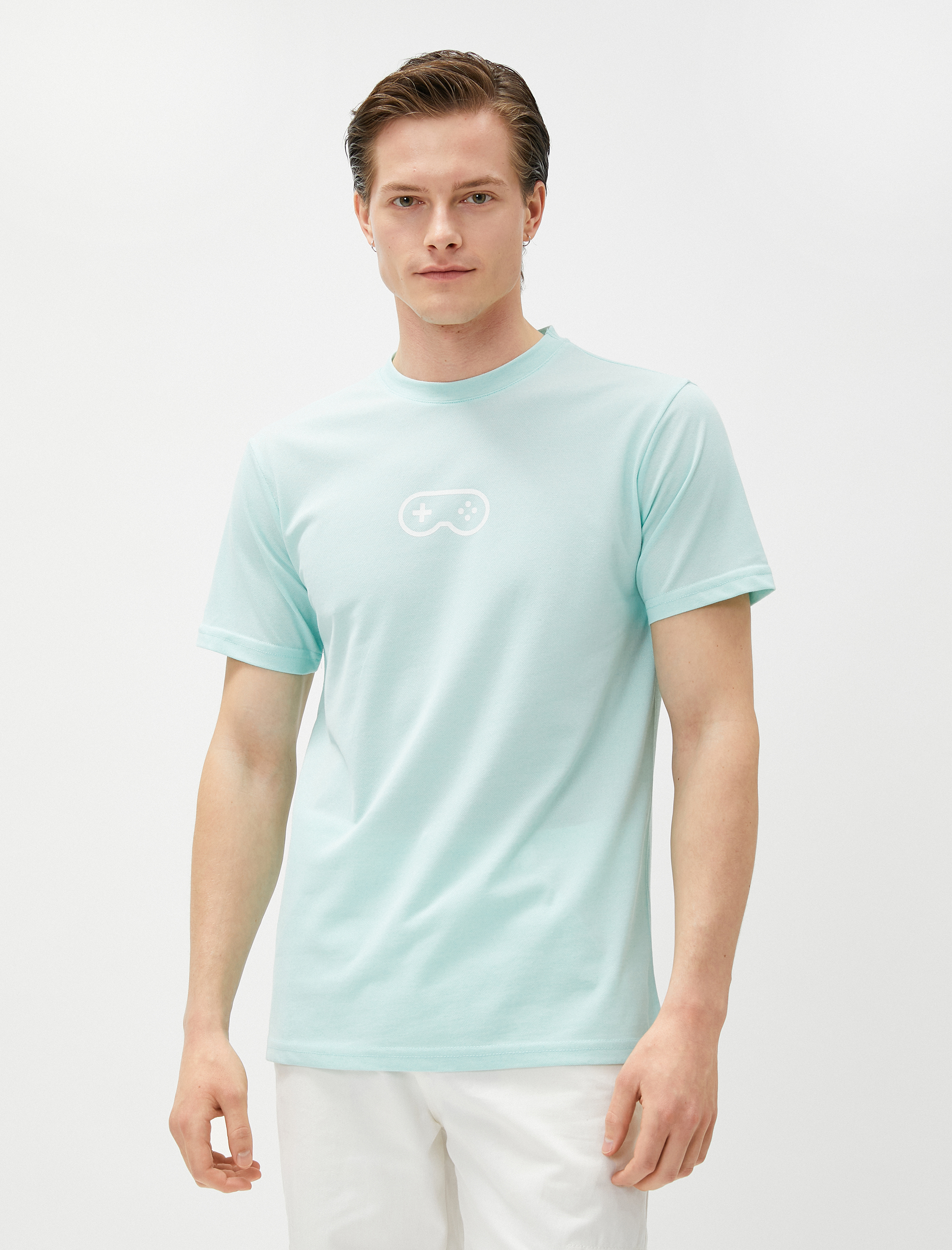   Baskılı Tişört Bisiklet Yaka Dar Kesim Kısa Kollu