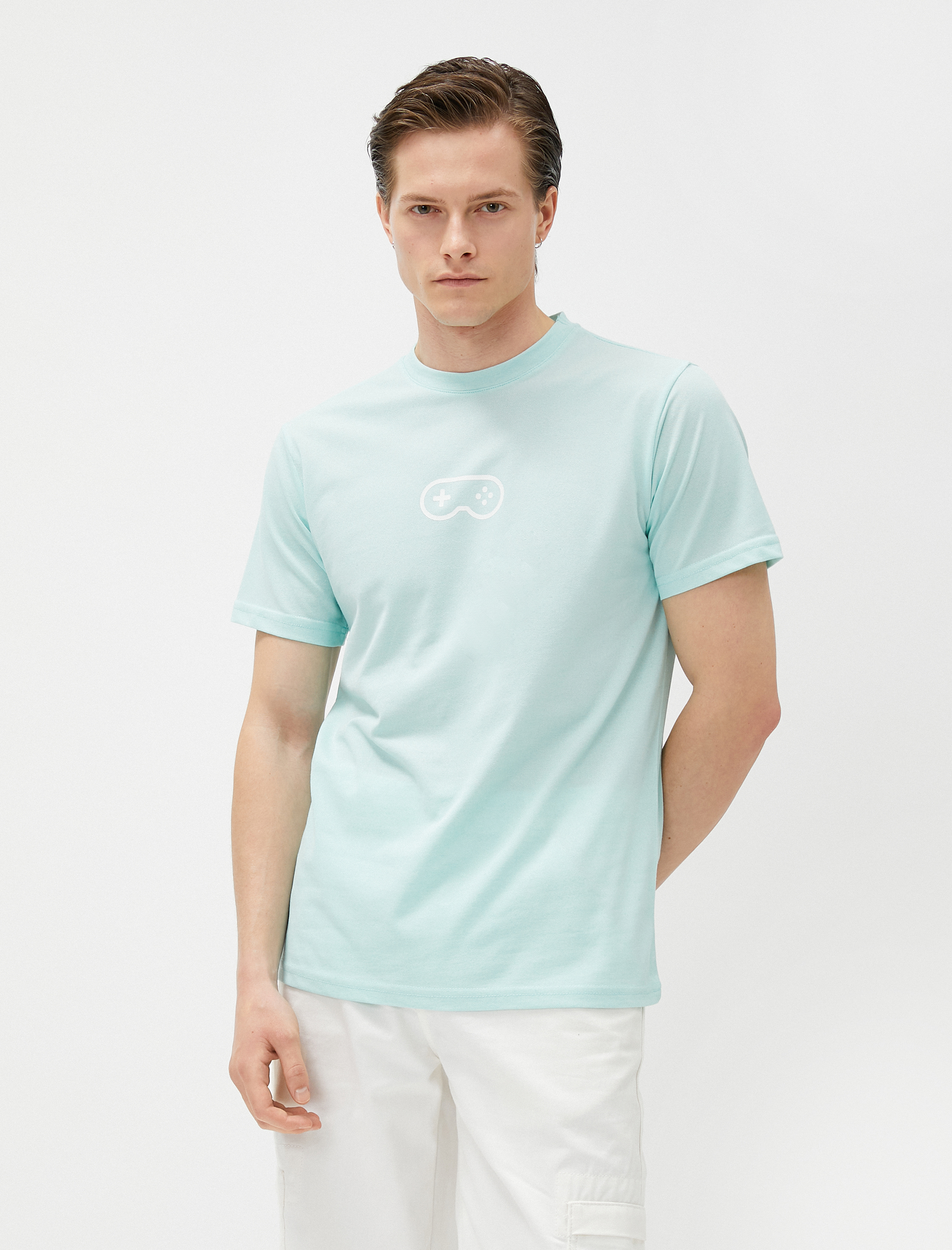   Baskılı Tişört Bisiklet Yaka Dar Kesim Kısa Kollu