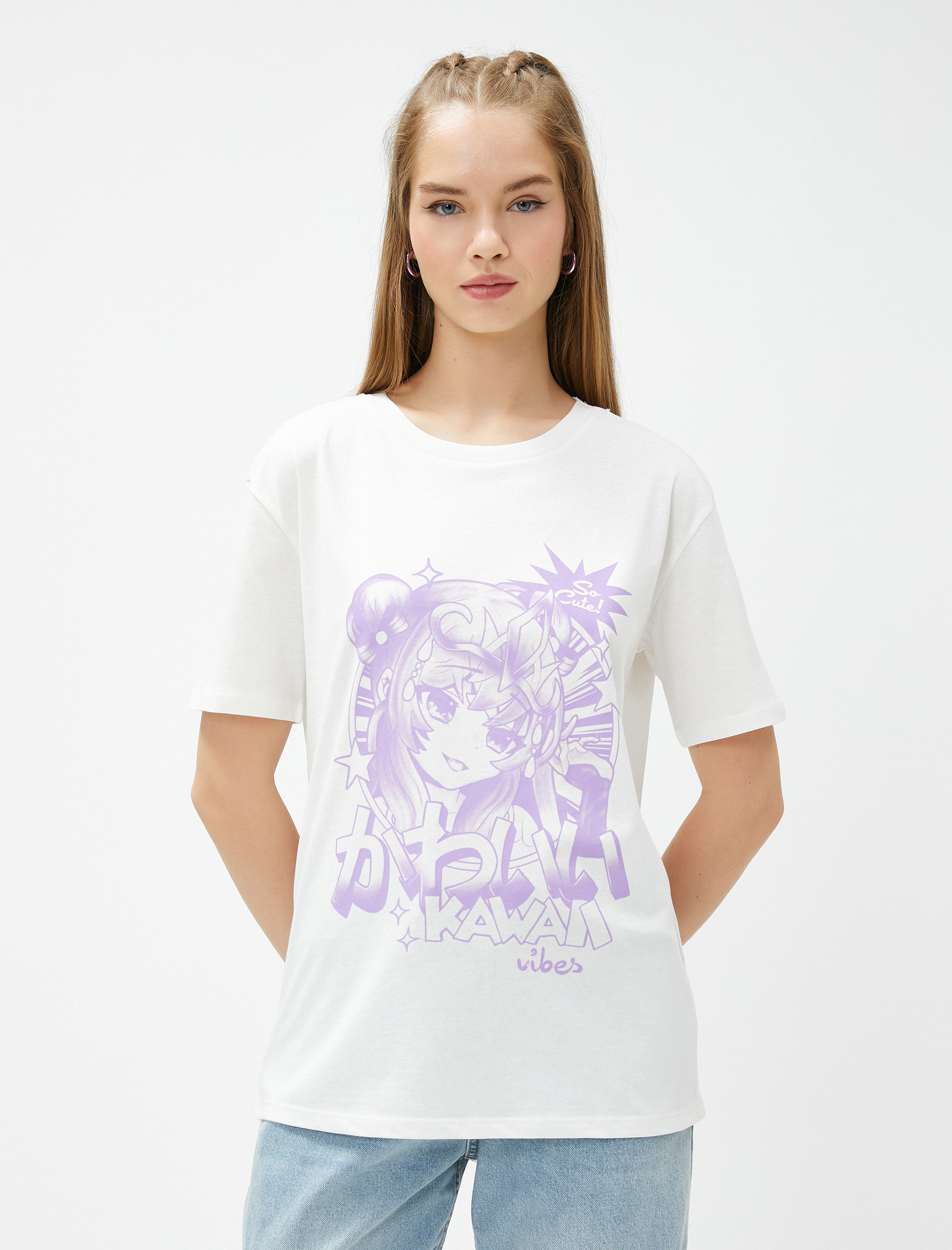   Anime Tişört Baskılı Bisiklet Yaka Kısa Kollu Pamuklu