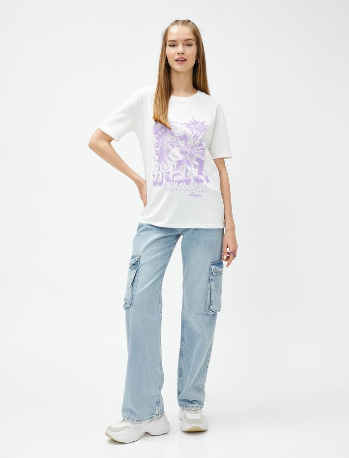  Anime Tişört Baskılı Bisiklet Yaka Kısa Kollu Pamuklu