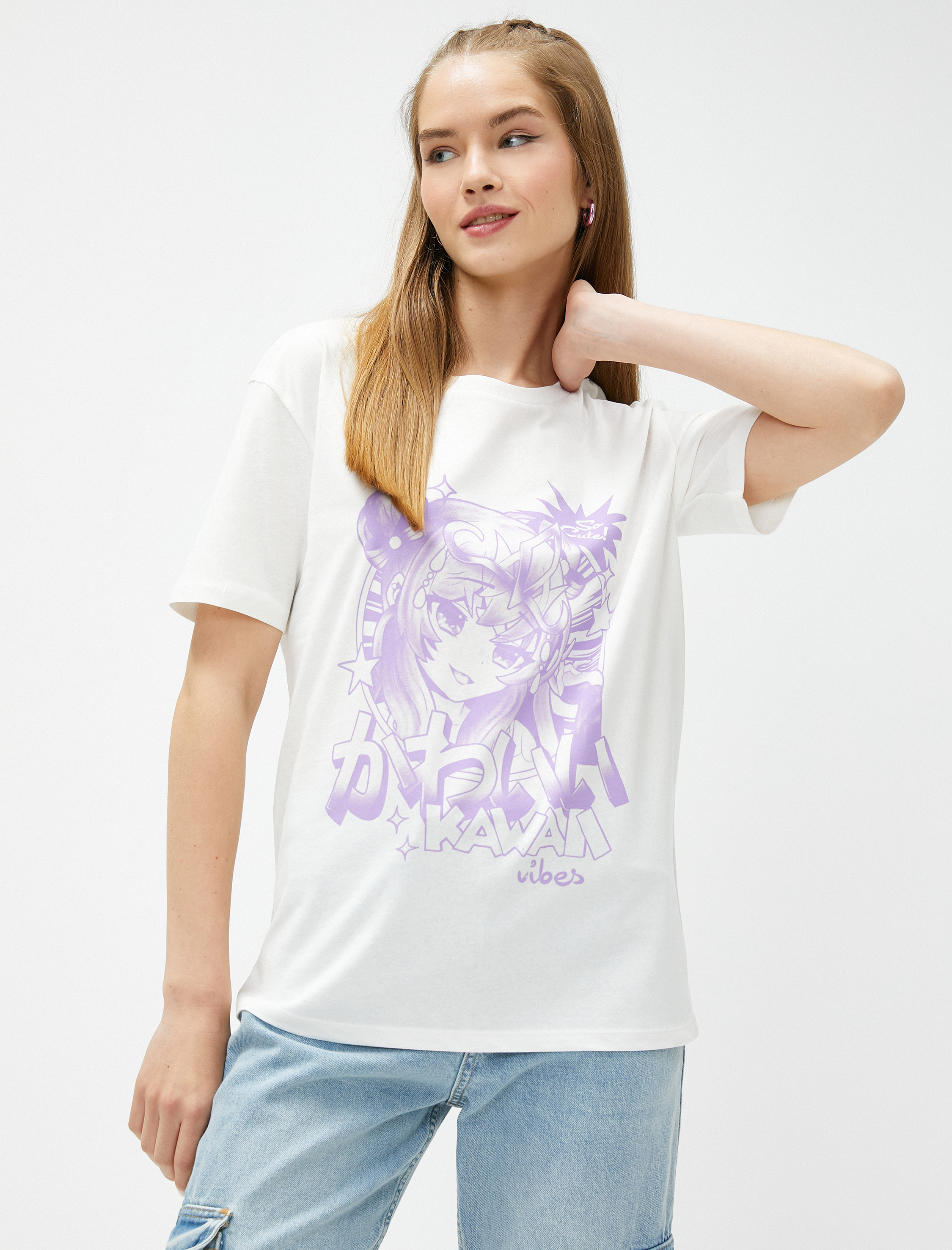   Anime Tişört Baskılı Bisiklet Yaka Kısa Kollu Pamuklu