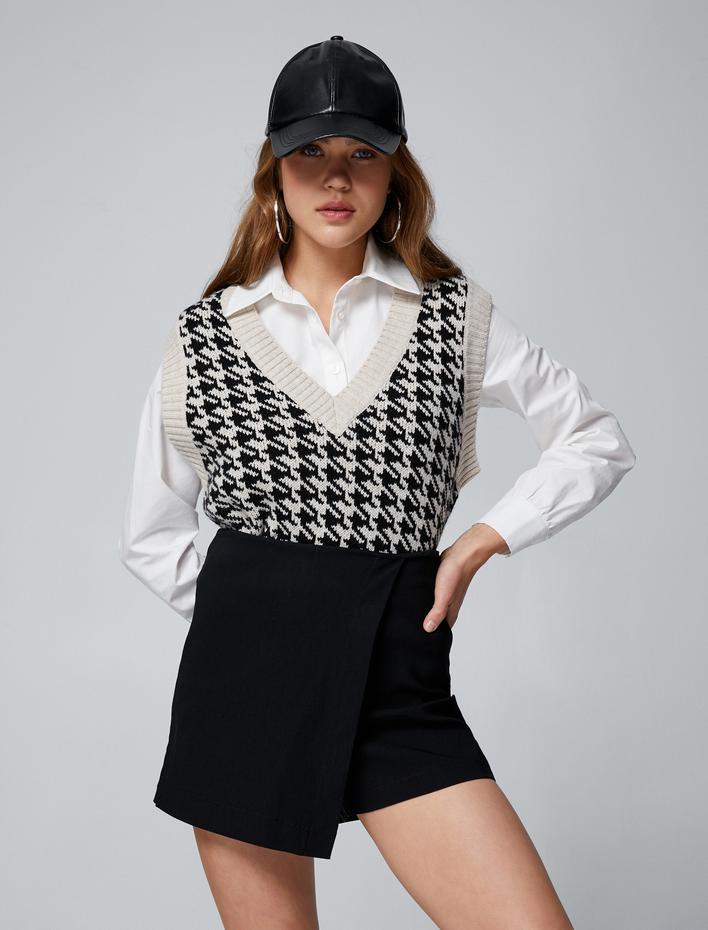  V Yaka Süveter Örgü Ribanalı Kazayağı Desenli