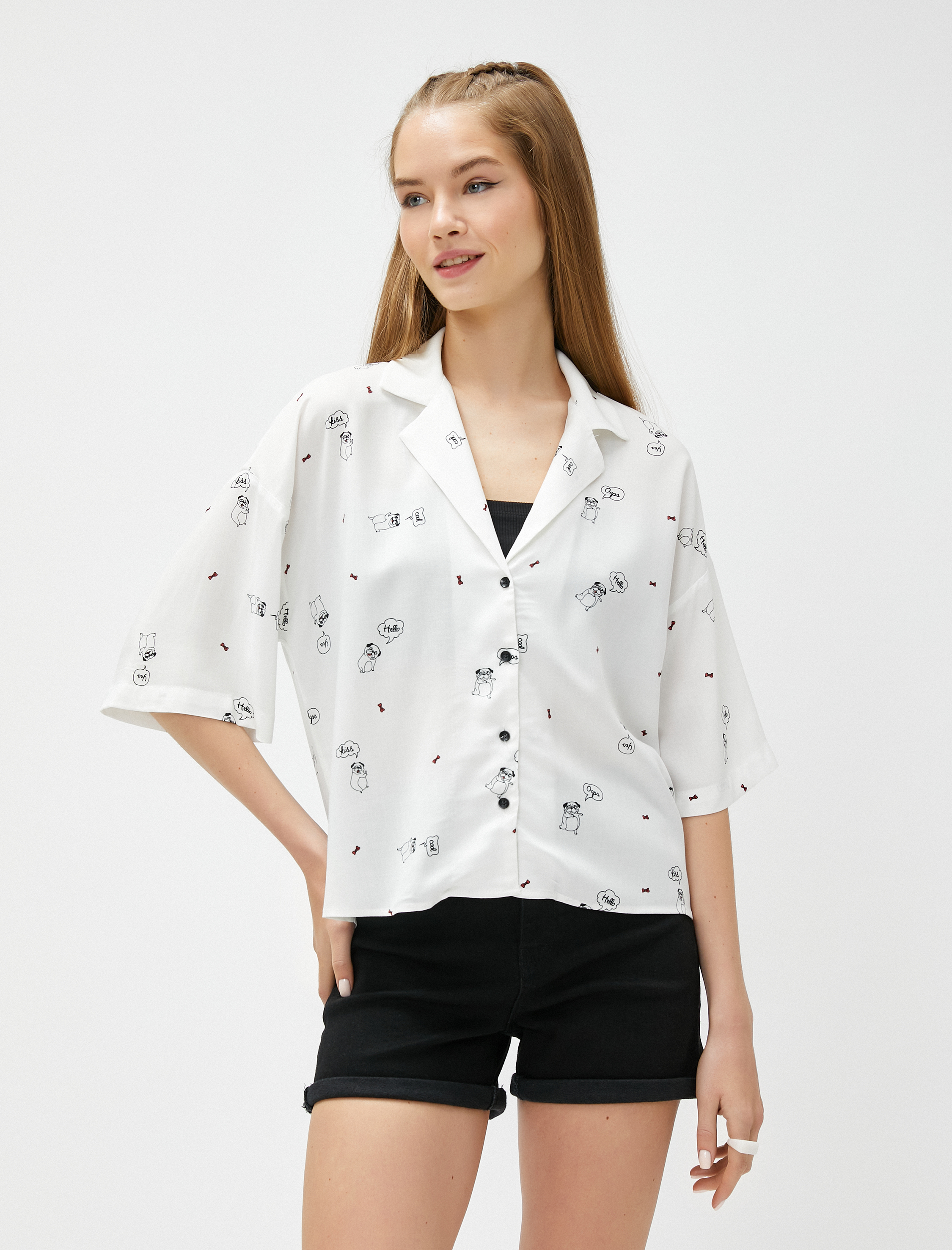   Kısa Kollu Gömlek Baskılı Düğmeli Rahat Kesim