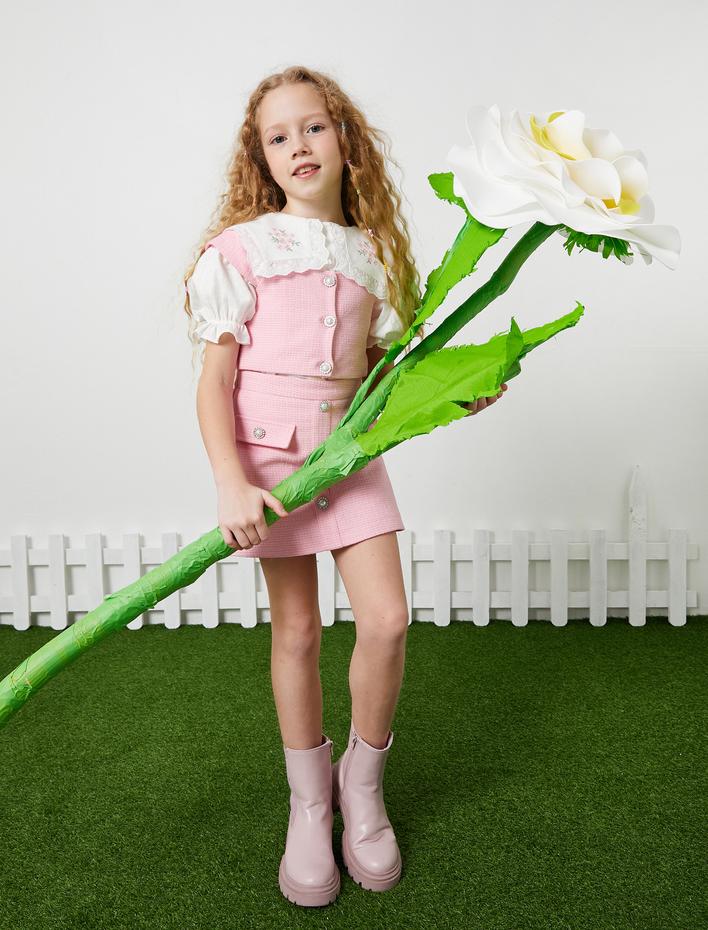 Kız Çocuk Şort Etek Tüvit Kruvaze Düğme Detaylı