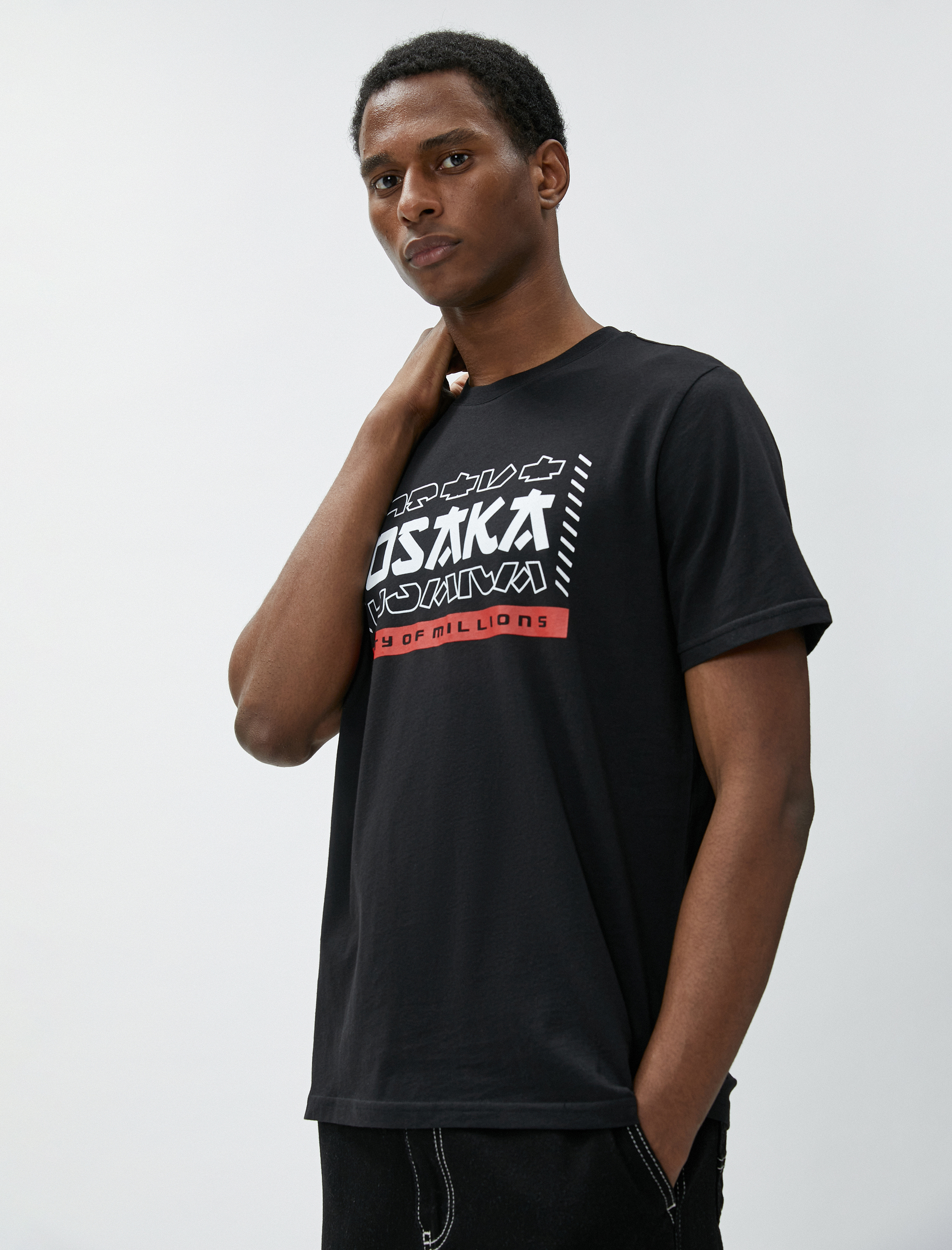   Uzakdoğu Baskılı Tişört Bisiklet Yaka Kısa Kollu Pamuklu