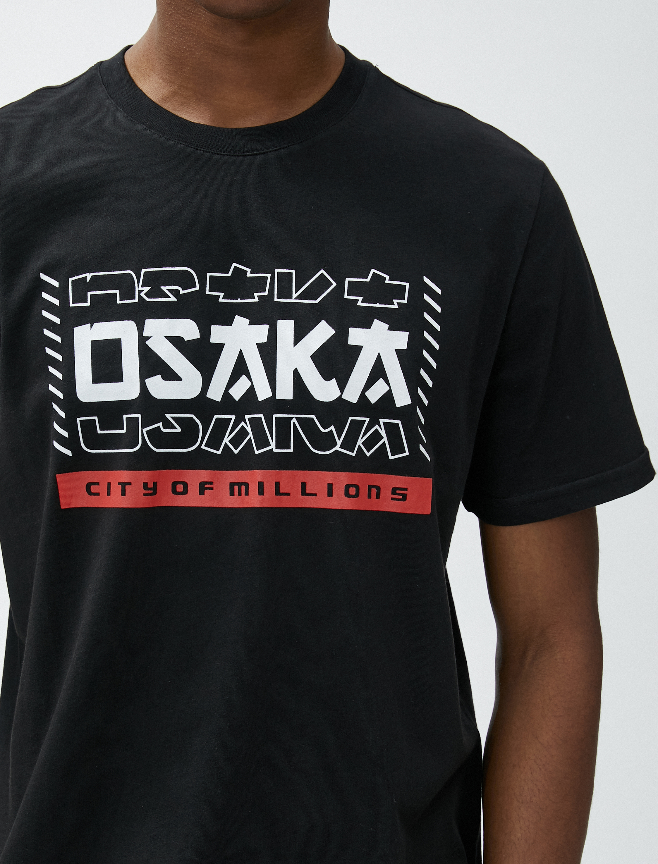   Uzakdoğu Baskılı Tişört Bisiklet Yaka Kısa Kollu Pamuklu