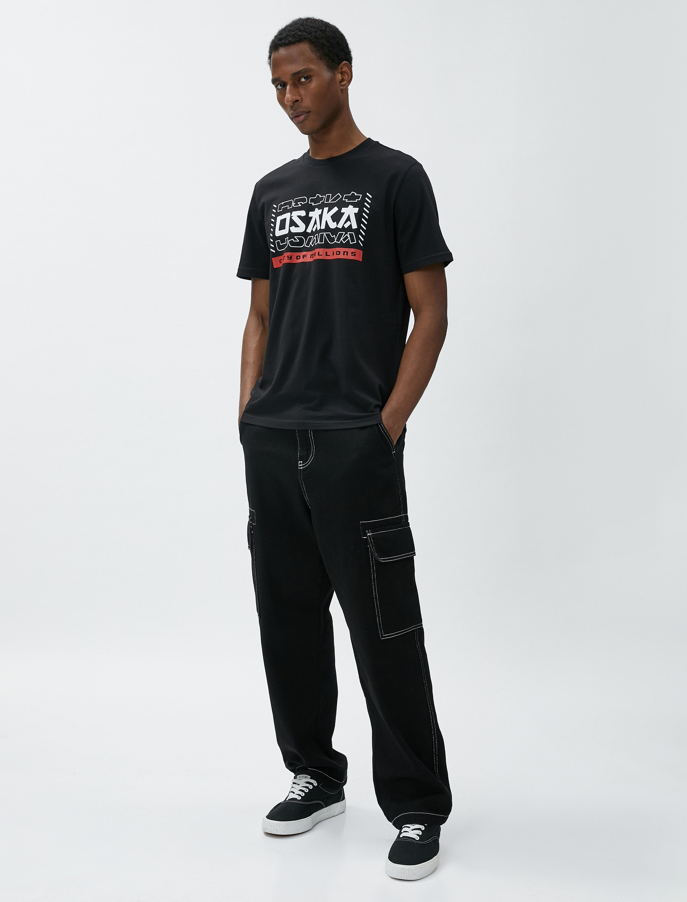   Uzakdoğu Baskılı Tişört Bisiklet Yaka Kısa Kollu Pamuklu