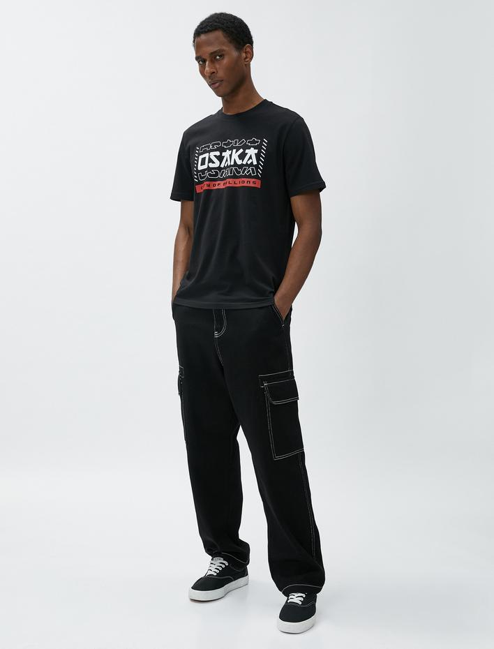  Uzakdoğu Baskılı Tişört Bisiklet Yaka Kısa Kollu Pamuklu