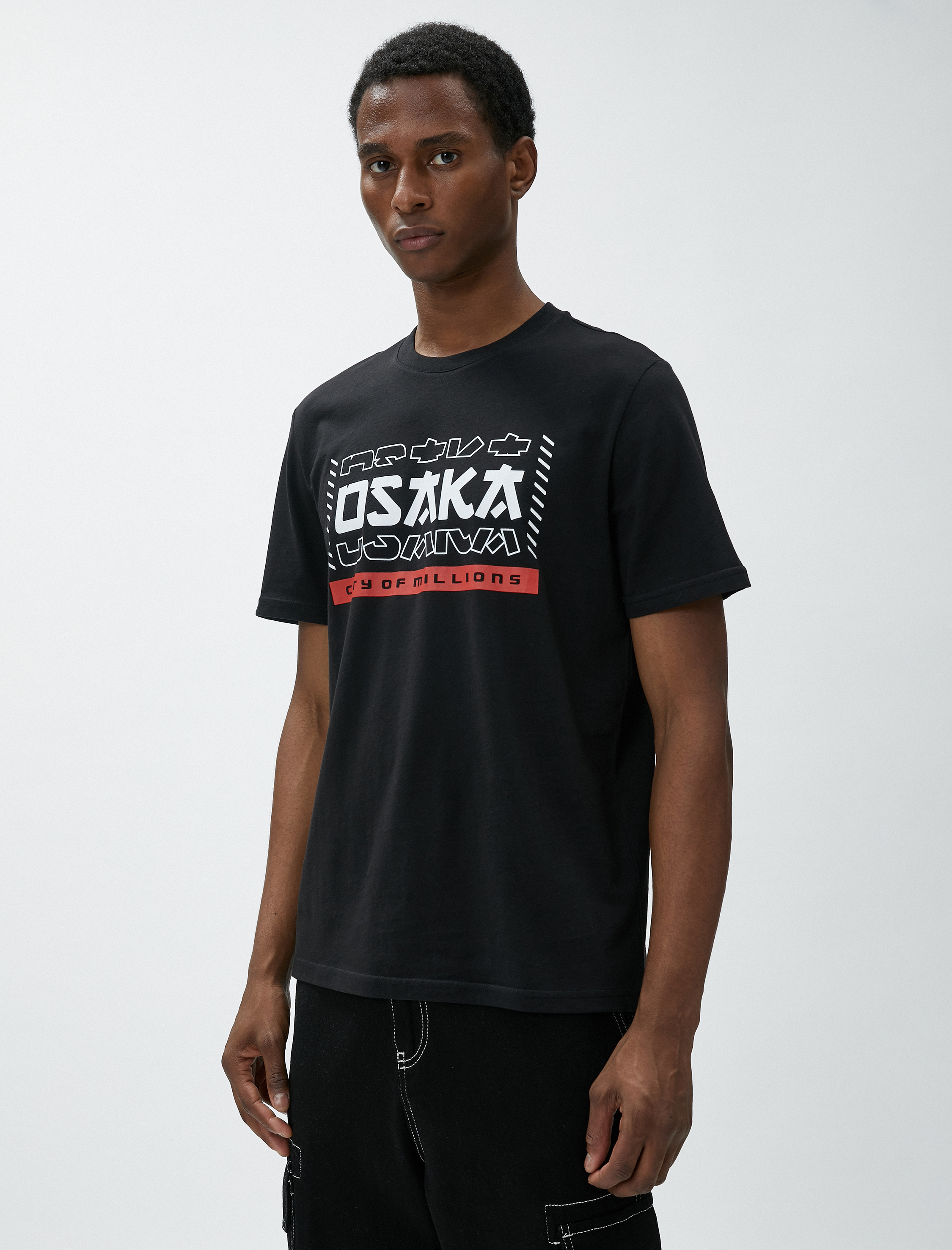   Uzakdoğu Baskılı Tişört Bisiklet Yaka Kısa Kollu Pamuklu