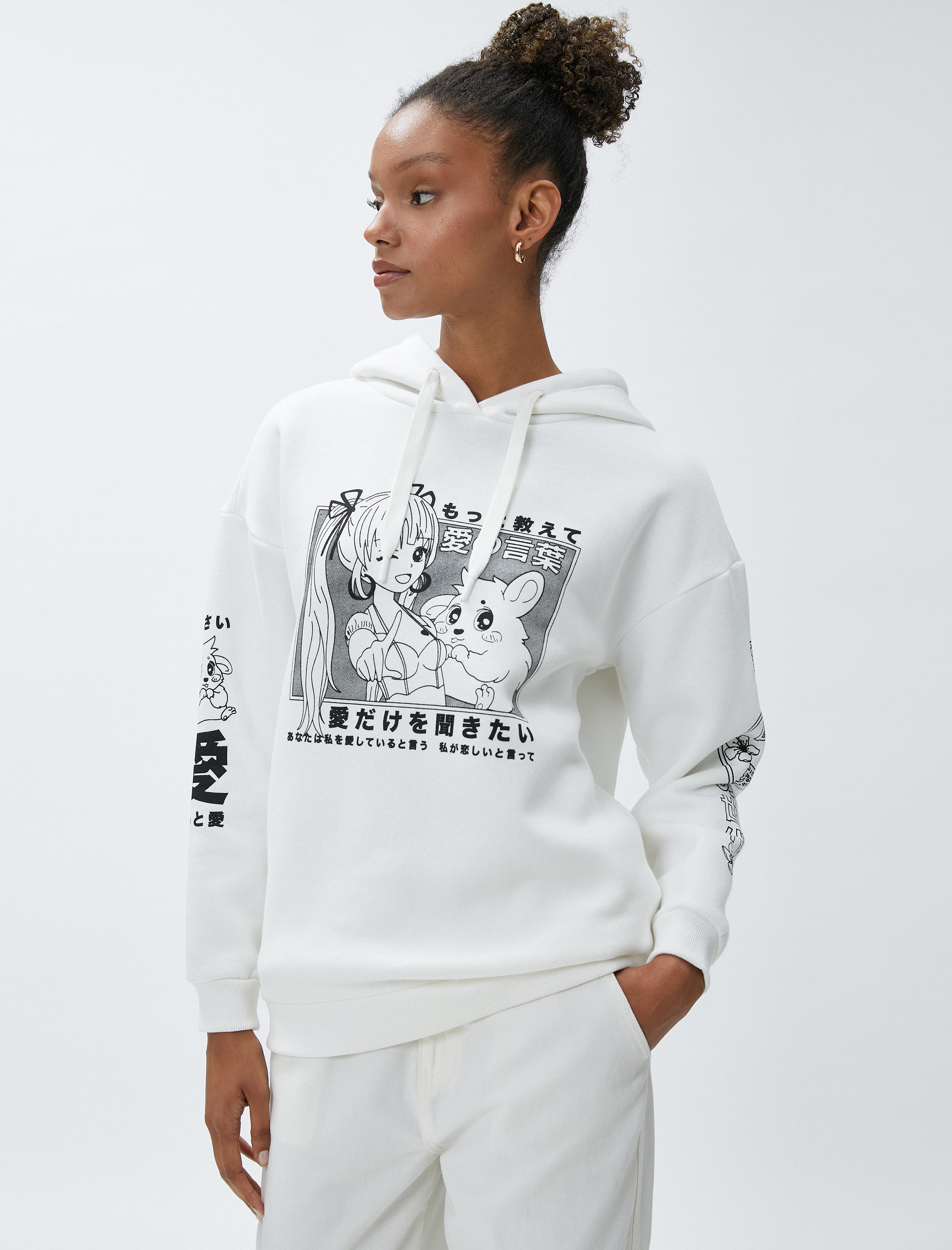   Şardonlu Anime Sweatshirt Oversize Kapüşonlu Uzun Kollu