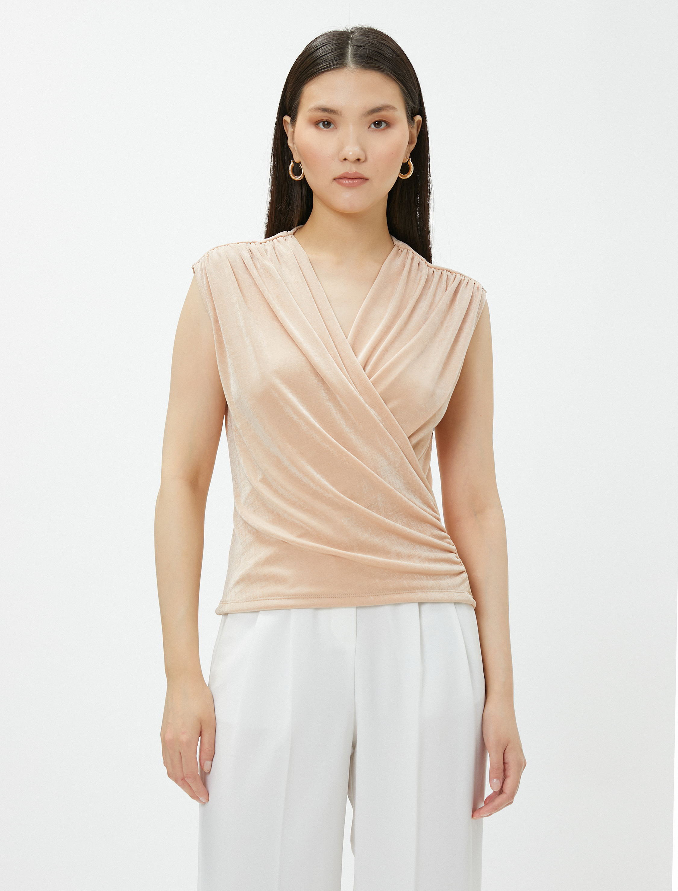   V Yaka Anvelop Drapeli Kolsuz Bluz