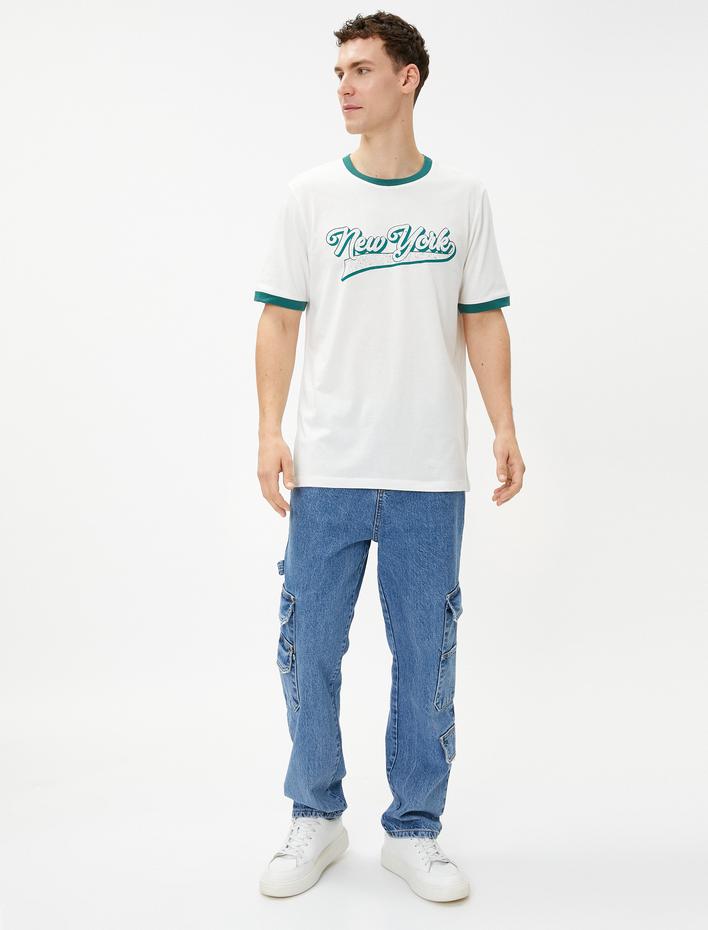  Kolej Tişört Baskılı Bisiklet Yaka Kısa Kollu Pamuklu