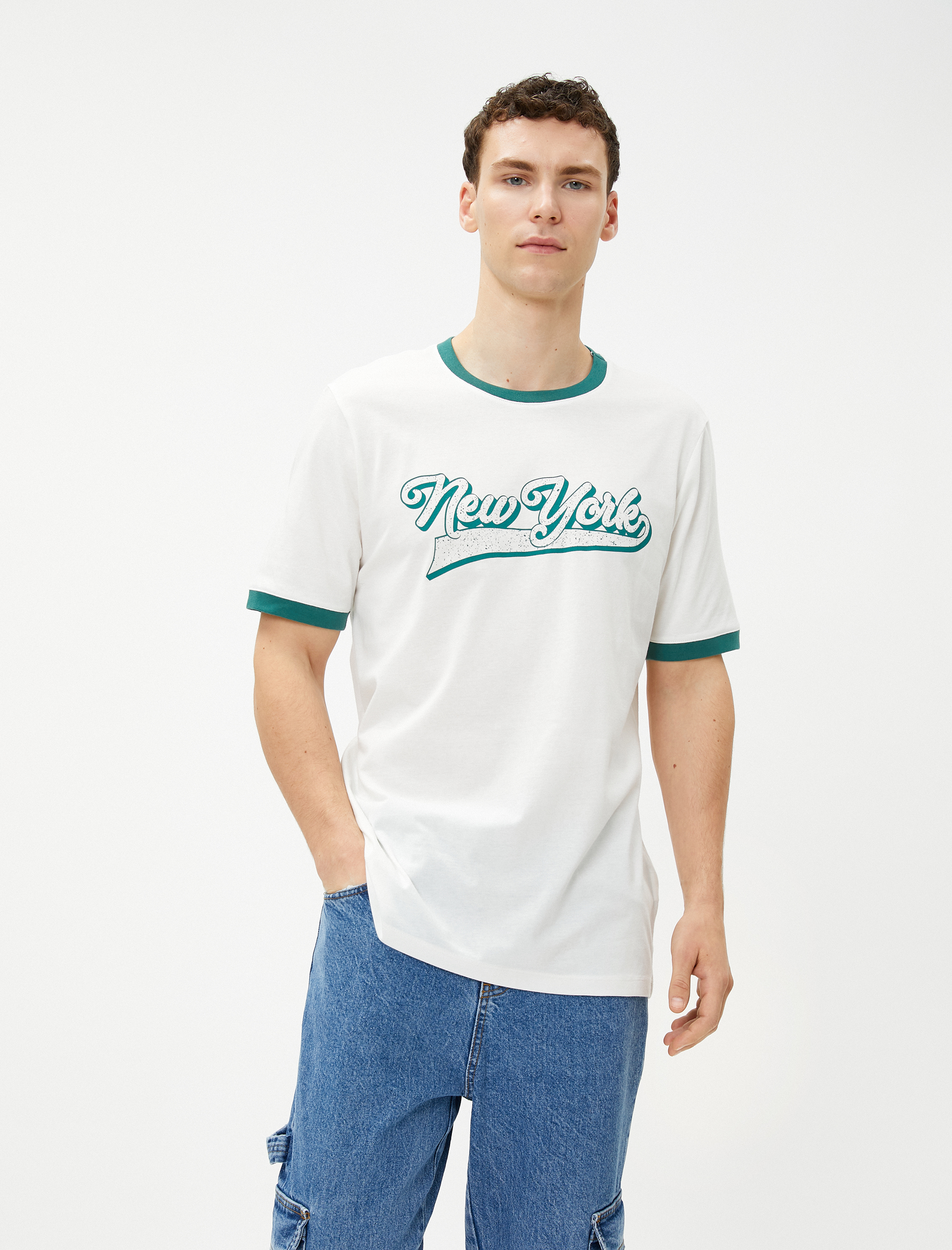   Kolej Tişört Baskılı Bisiklet Yaka Kısa Kollu Pamuklu