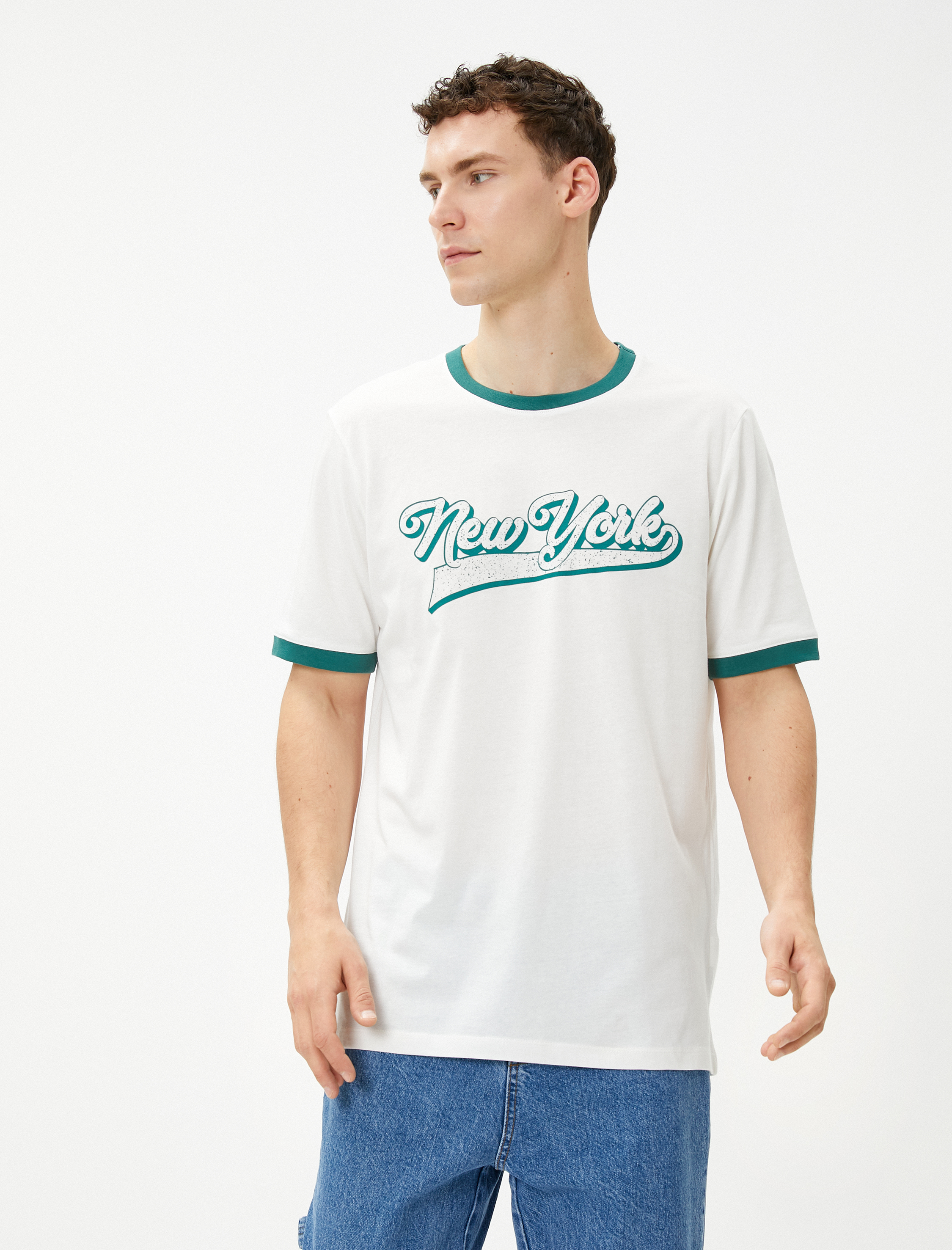   Kolej Tişört Baskılı Bisiklet Yaka Kısa Kollu Pamuklu