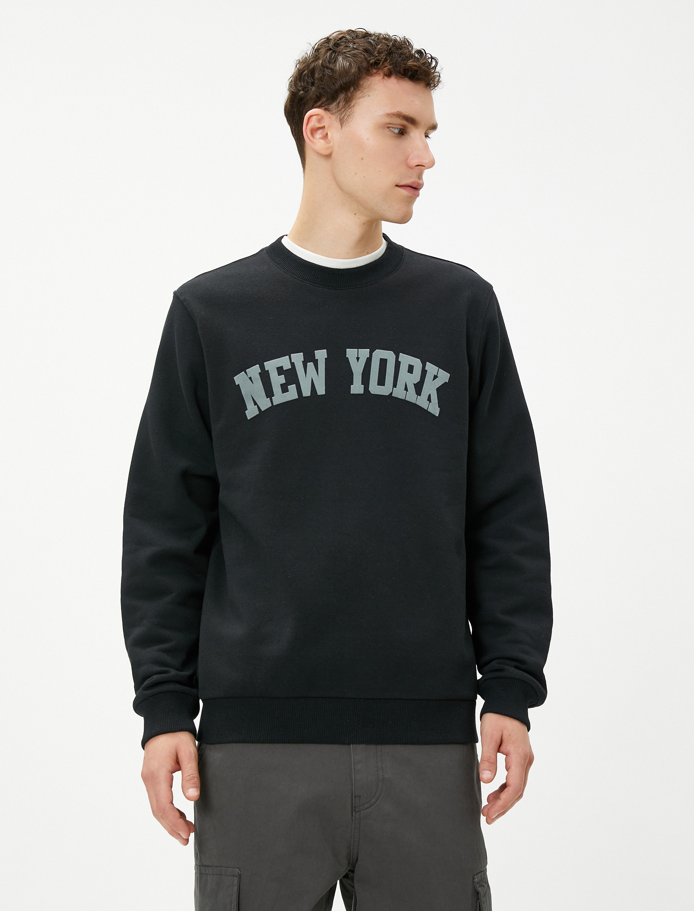 Kolej Sweatshirt Şehir Baskılı Bisiklet Yaka Uzun Kollu Şardonlu