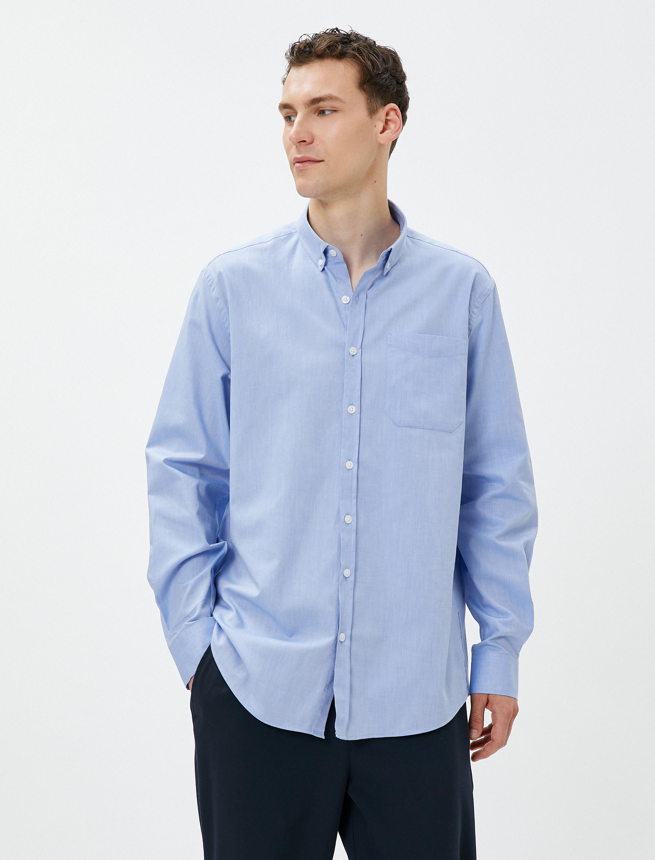   Basic Gömlek Bol Kesim Klasik Yaka Cep Detaylı Pamuklu Non Iron