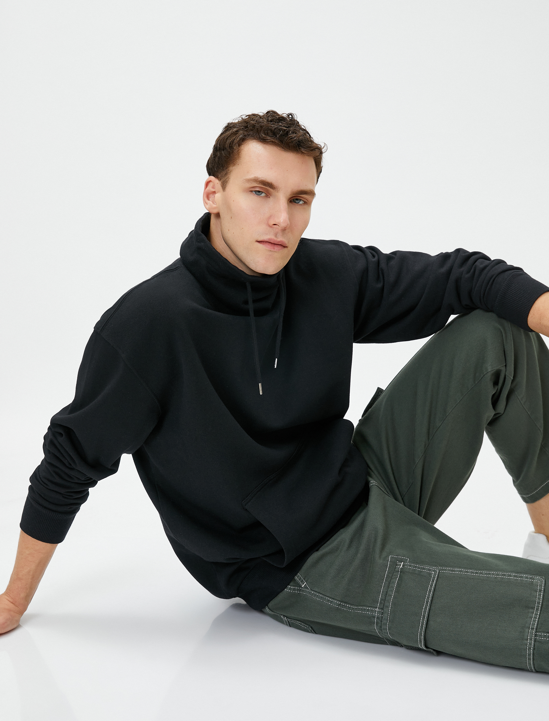   Oversize Sweatshirt Şal Yaka Kanguru Cepli Bağcıklı Şardonlu