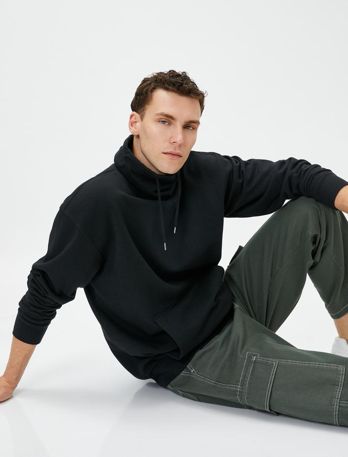  Oversize Sweatshirt Şal Yaka Kanguru Cepli Bağcıklı Şardonlu