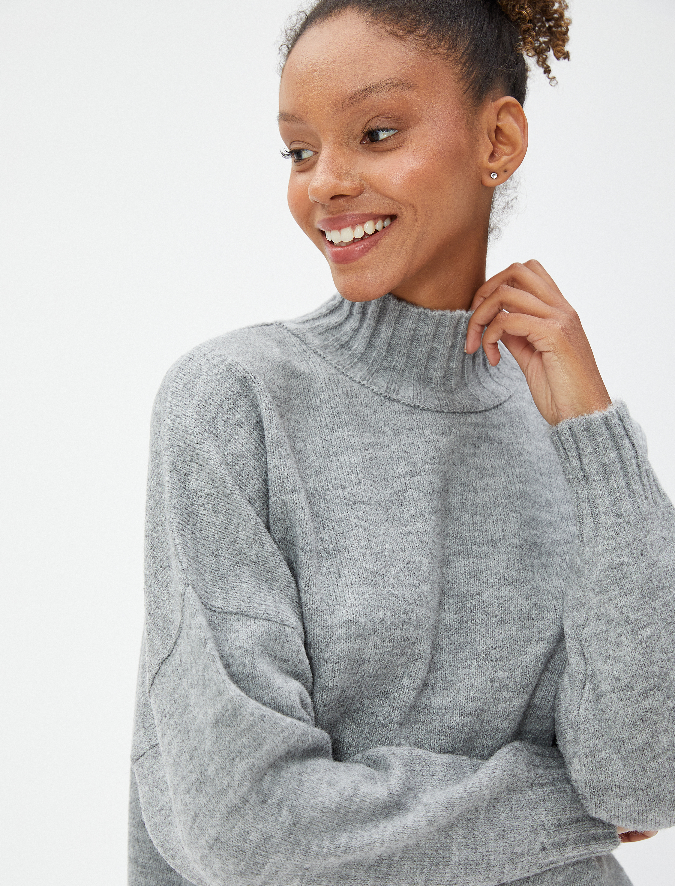   Dik Yaka Tunik Örgü Uzun Kollu Ribanalı