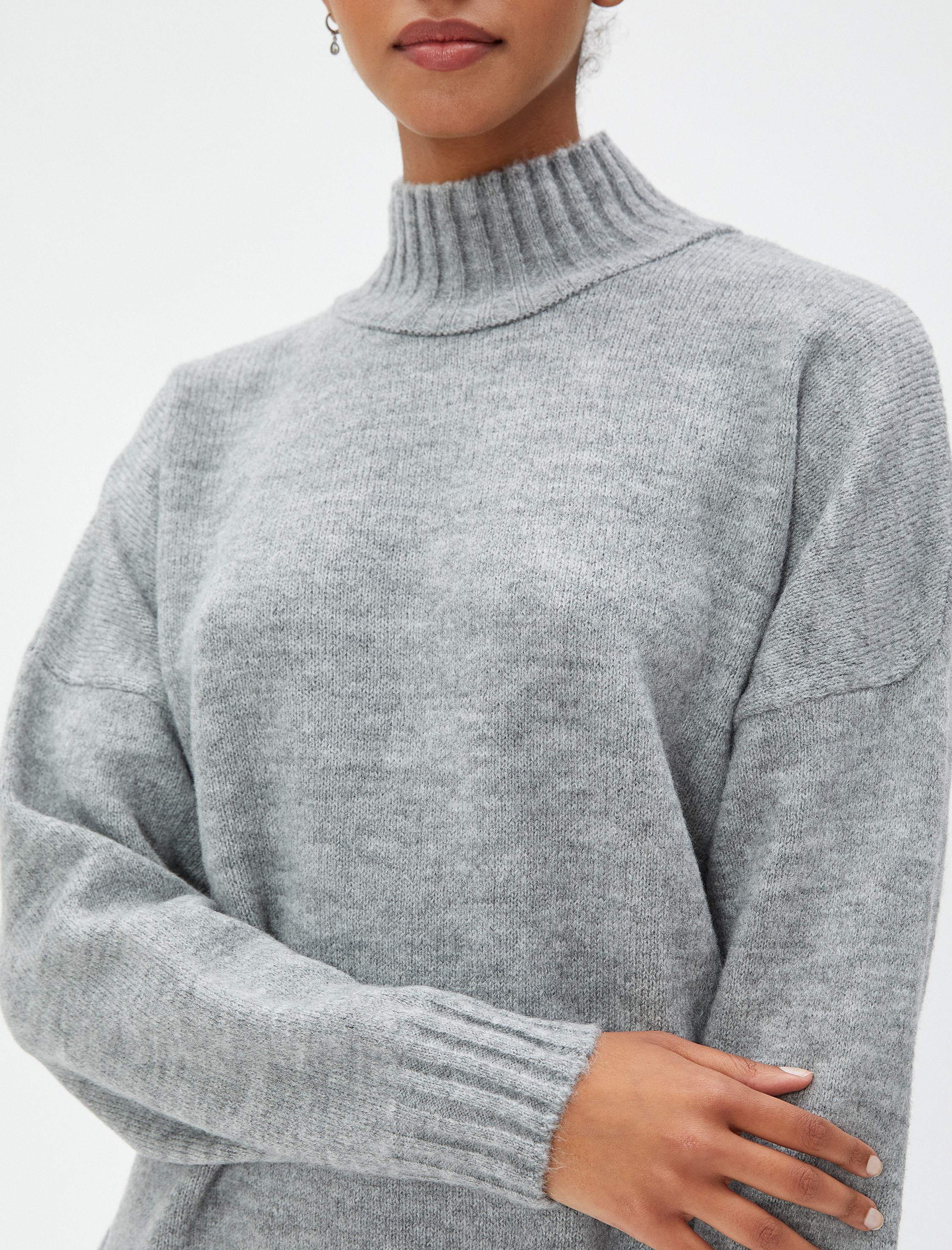   Dik Yaka Tunik Örgü Uzun Kollu Ribanalı