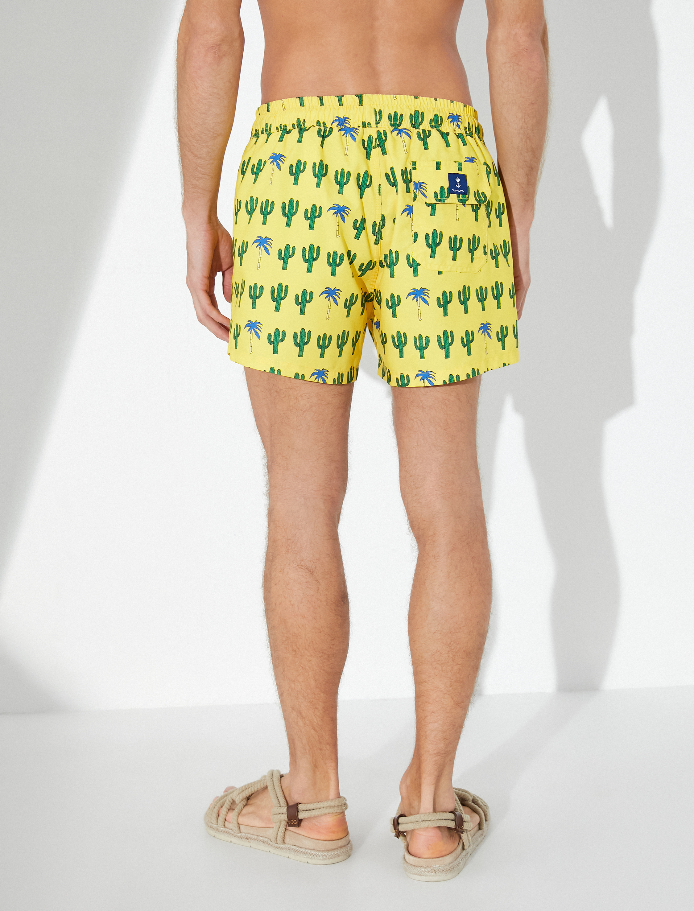   Kısa Deniz Şortu Kaktüs Temalı Baskılı Beli Bağcıklı Cepli