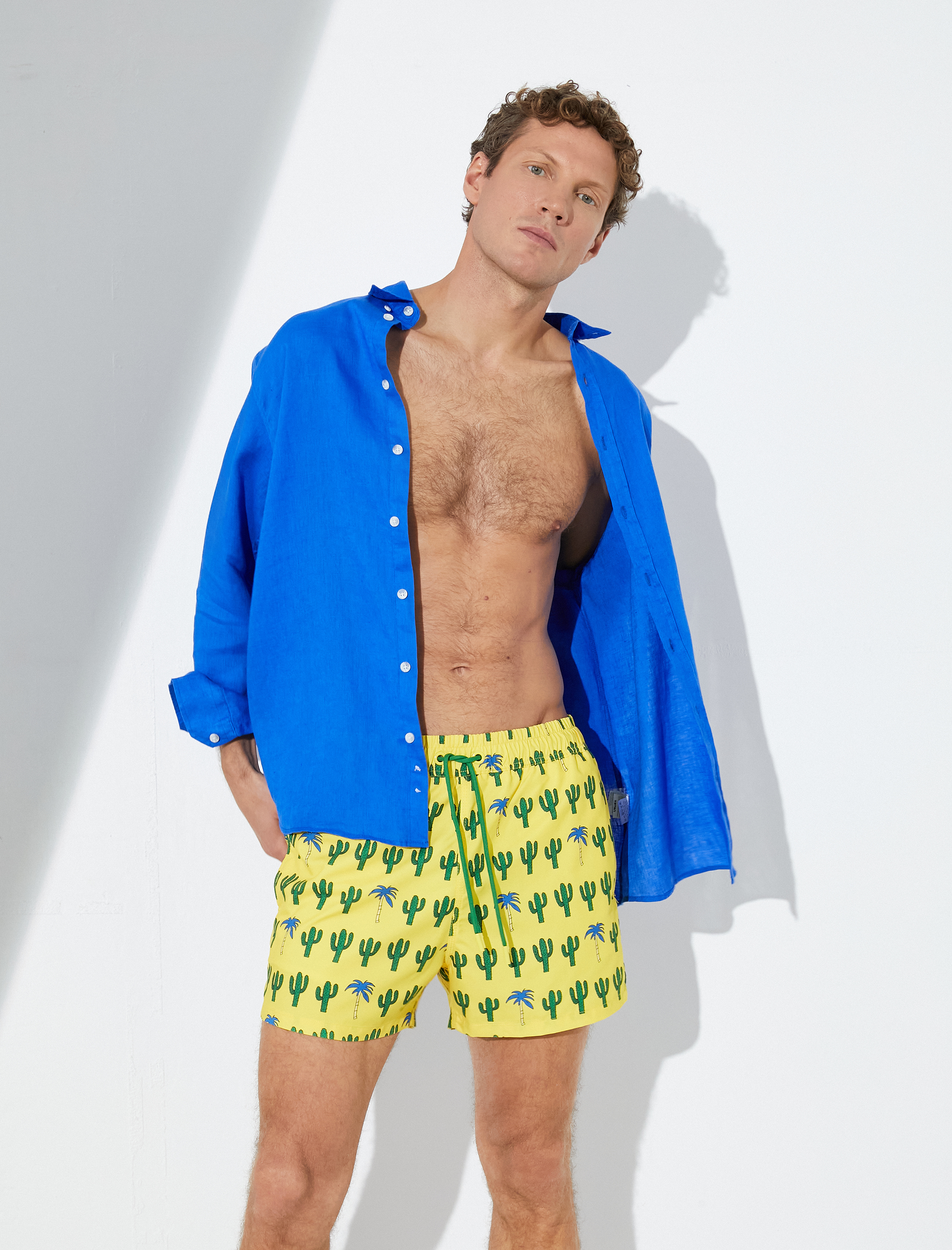   Kısa Deniz Şortu Kaktüs Temalı Baskılı Beli Bağcıklı Cepli