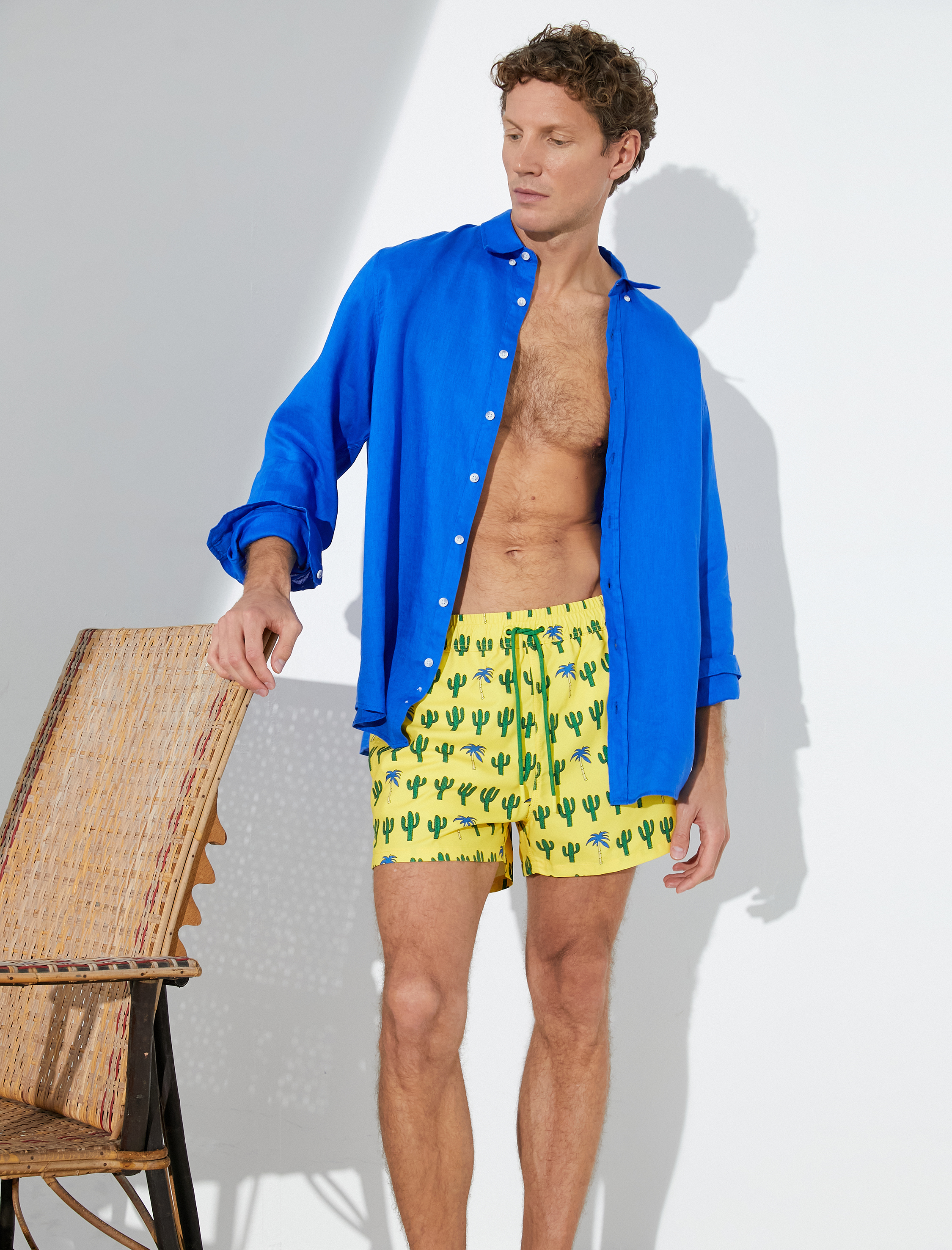   Kısa Deniz Şortu Kaktüs Temalı Baskılı Beli Bağcıklı Cepli