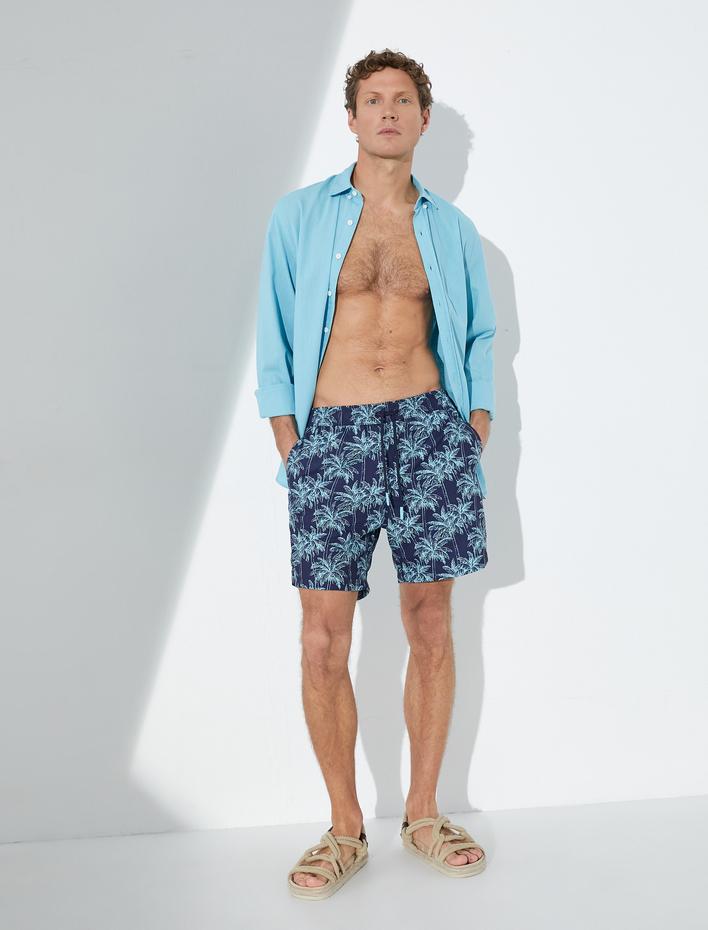  Deniz Şortu Palmiye Baskılı Beli Bağcıklı Cepli