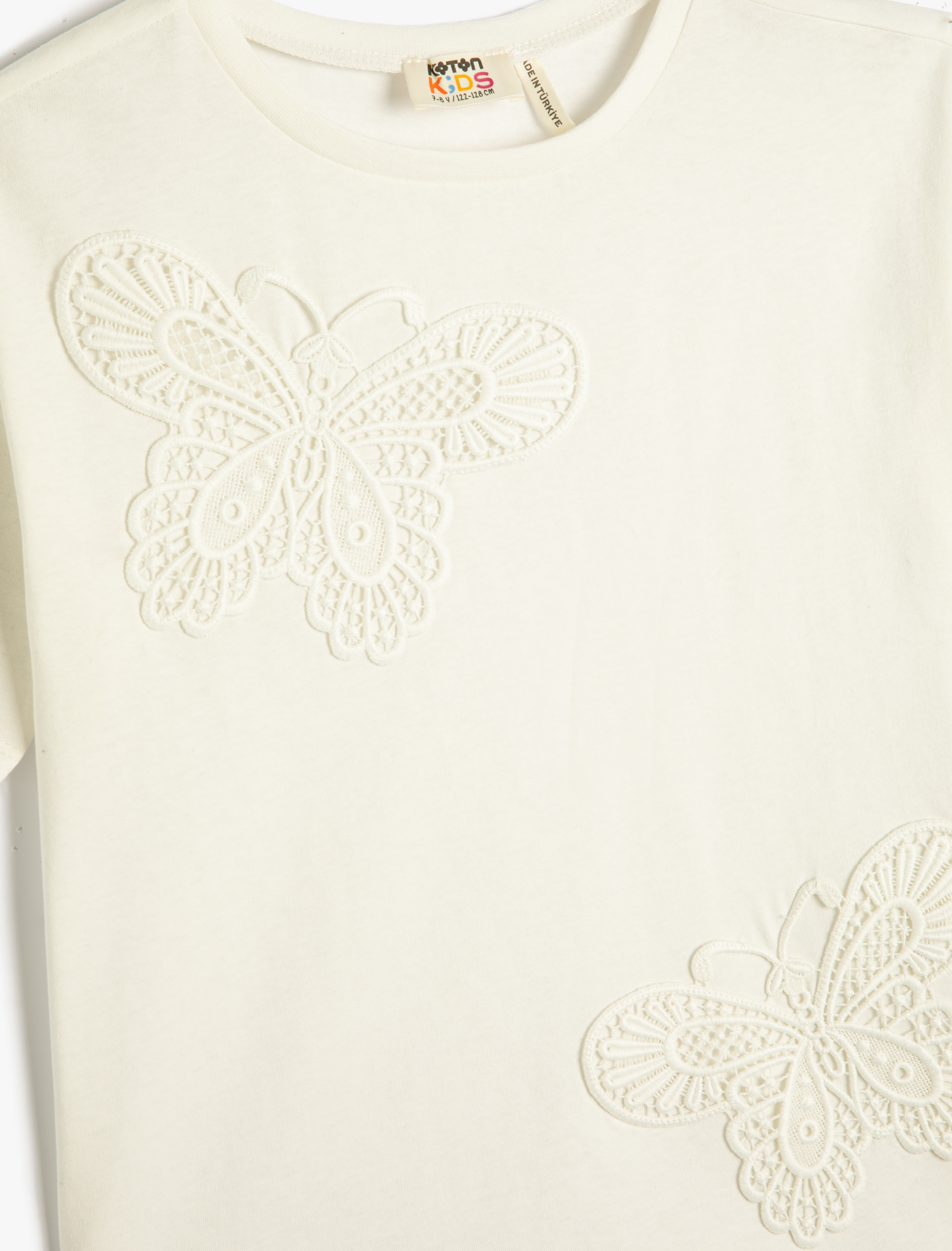  Kız Çocuk Tişört Kısa Kollu Bisiklet Yaka Kelebek Aplike Detaylı Pamuklu