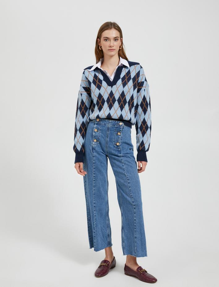  Baklava Desenli Triko Kazak Polo Yaka