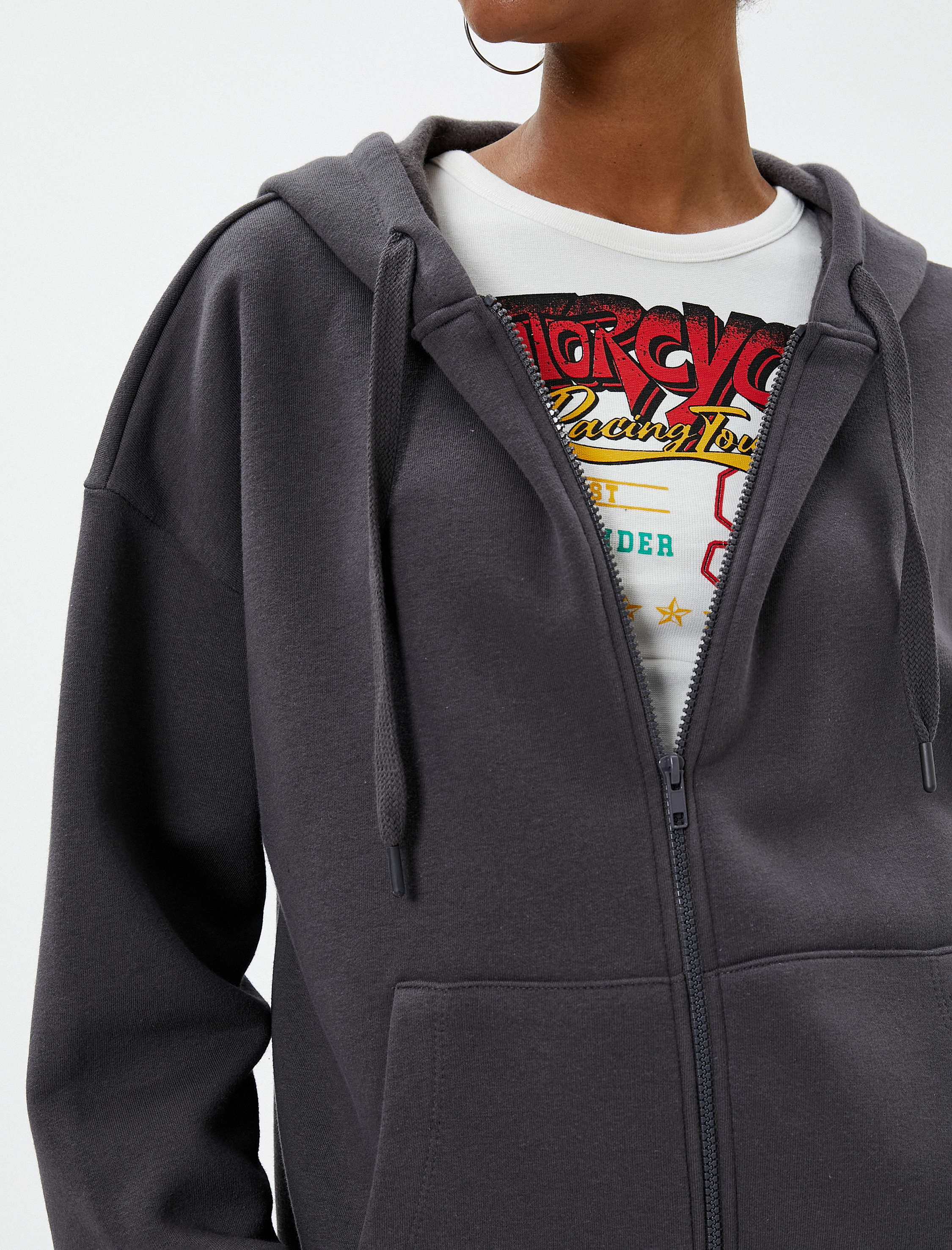   Şardonlu Oversize Fermuarlı Sweatshirt Kapüşonlu Kanguru Cepli