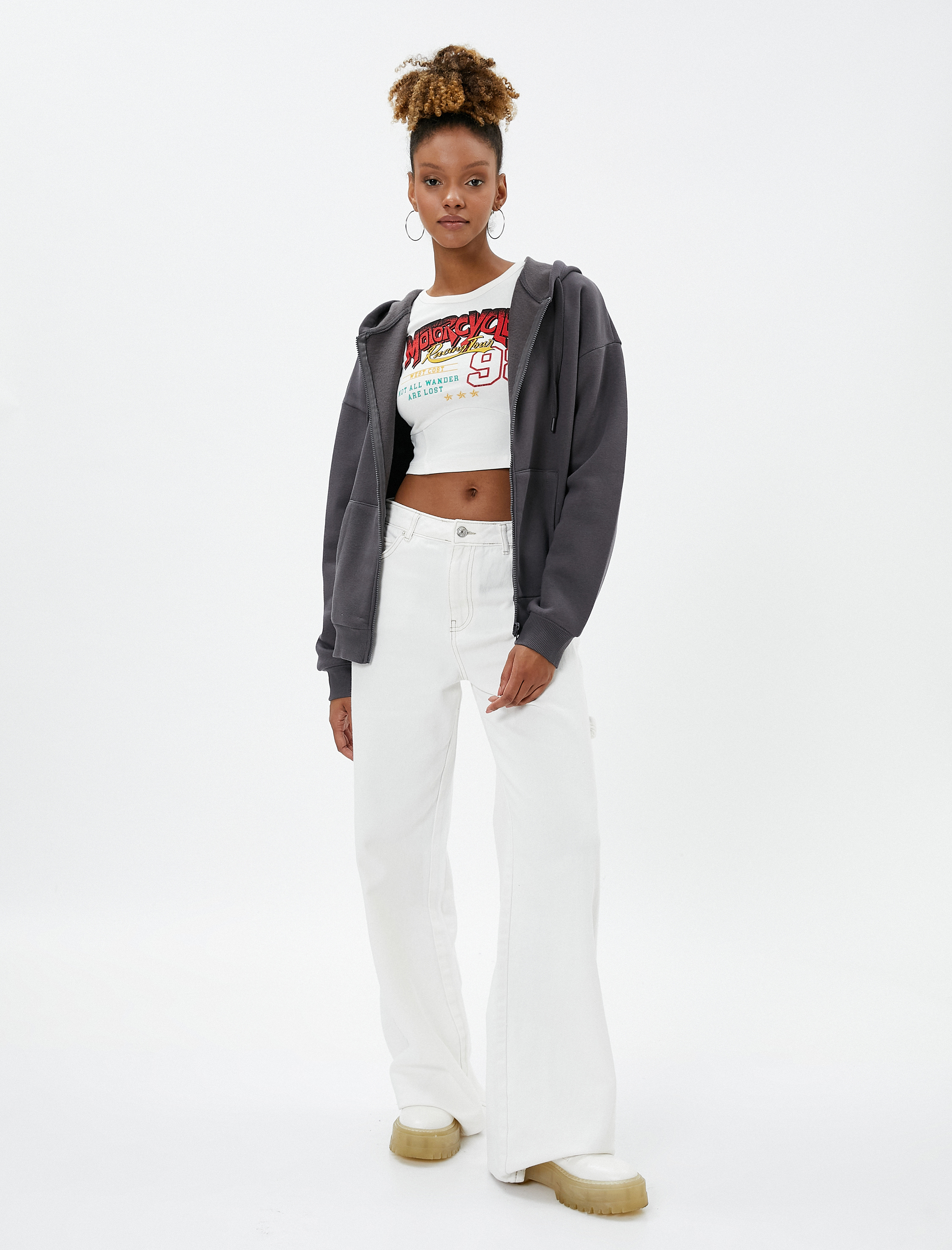   Şardonlu Oversize Fermuarlı Sweatshirt Kapüşonlu Kanguru Cepli