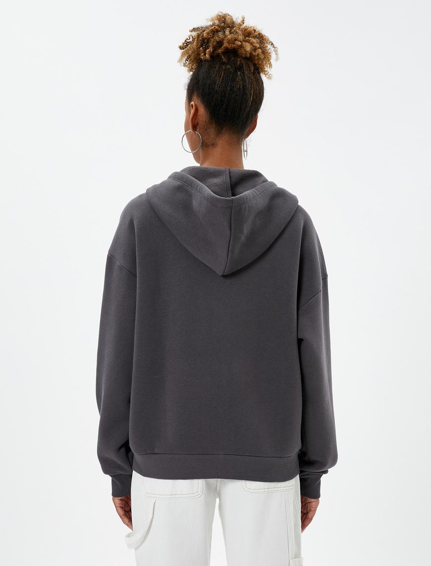   Şardonlu Oversize Fermuarlı Sweatshirt Kapüşonlu Kanguru Cepli