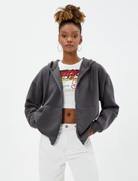 Şardonlu Oversize Fermuarlı Sweatshirt Kapüşonlu Kanguru Cepli
