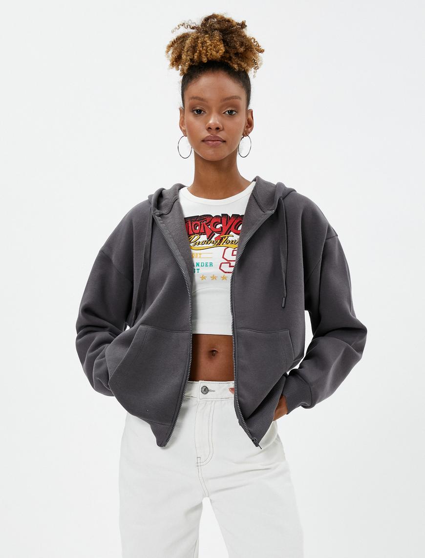   Şardonlu Oversize Fermuarlı Sweatshirt Kapüşonlu Kanguru Cepli