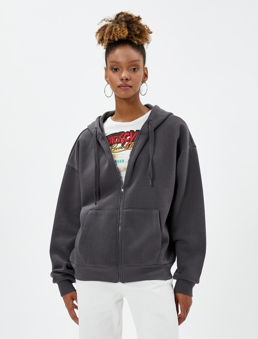   Şardonlu Oversize Fermuarlı Sweatshirt Kapüşonlu Kanguru Cepli