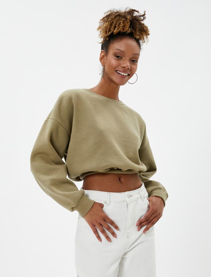  Crop Sweatshirt Bisiklet Yaka Beli Ribanalı Uzun Kollu