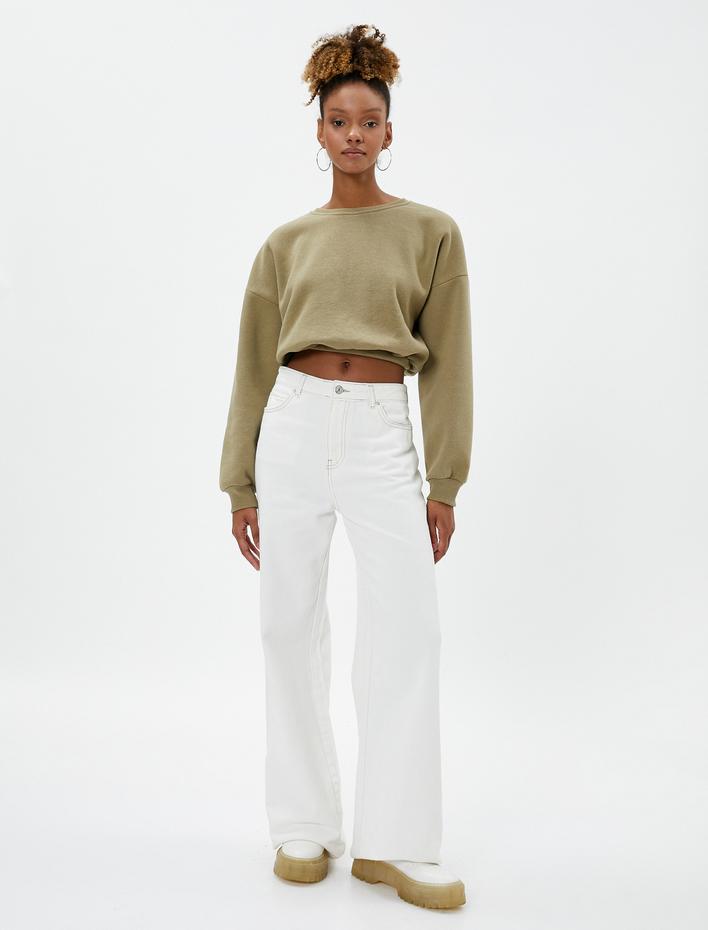  Şardonlu Crop Sweatshirt Bisiklet Yaka Beli Ribanalı Uzun Kollu