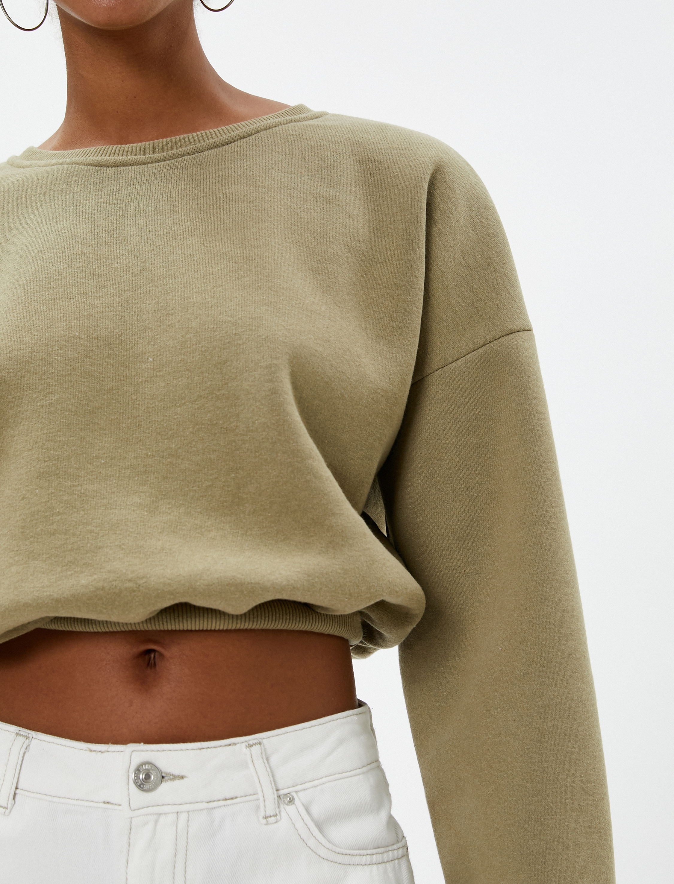 Şardonlu Crop Sweatshirt Bisiklet Yaka Beli Ribanalı Uzun Kollu