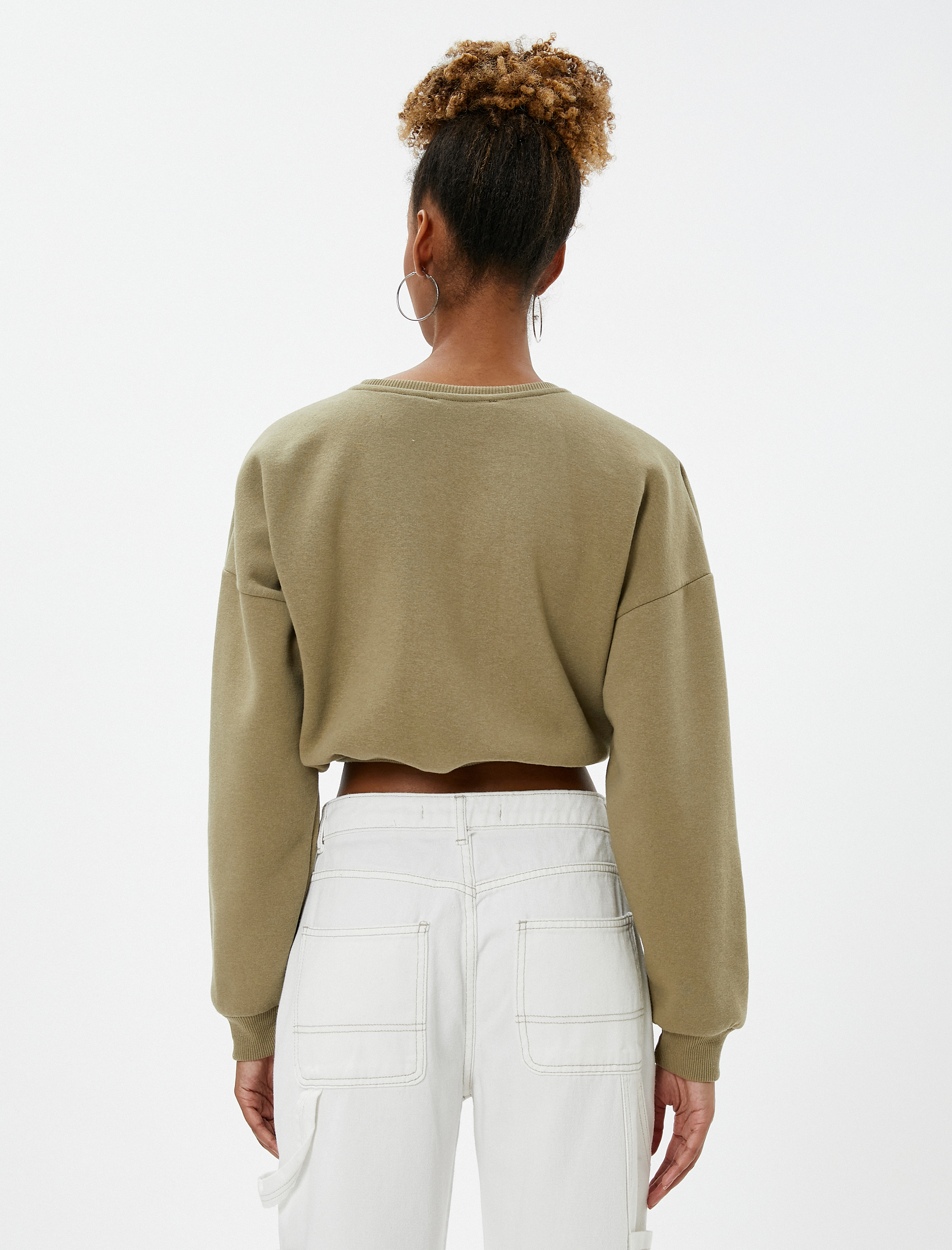 Şardonlu Crop Sweatshirt Bisiklet Yaka Beli Ribanalı Uzun Kollu